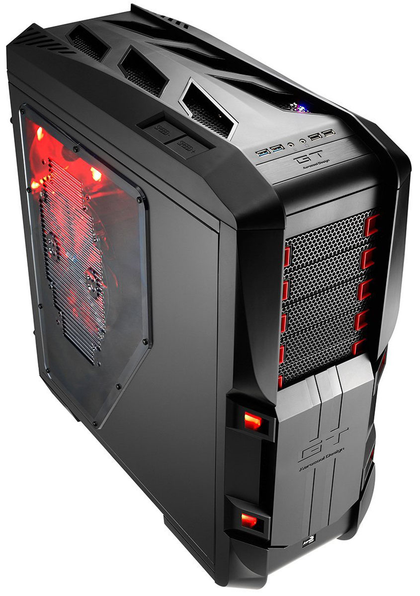 Aerocool GT-S Black Edition компьютерный корпус4713105952162 Aerocool GT-S Black Edition компьютерный корпус4713105952162Корпус Aerocool GT-S изготовлен из прочных панелей толщиной 1,2 мм. Он выполнен в форм-факторе FullTower и предназначен в первую очередь для геймеров и энтузиастов. На верхней панели имеются 2 кнопки для регулировки скорости вентиляторов в 4 диапазонах: 0-50-80-100% от скорости вращения. На передней панели имеются 5 отсеков для 5,25-дюймового оптического привода или панели управления вентиляторами. Данные отсеки закрываются магнитной крышкой, которую можно легко снять или закрепить в любом положении. Внутри корпуса располагаются 7 отсеков для 3,5-дюймовых или 2,5-дюймовых накопителей. Поддерживаются системы охлаждения процессора высотой до 185 мм. В Aerocool GT-S можно установить high-end видеокарты длиной до 333 мм.