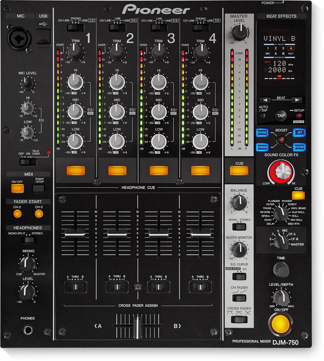 Pioneer DJM-750-K микшерный пульт среднего уровня375322 Pioneer DJM-750-K микшерный пульт среднего уровня375322Четырехканальный цифровой микшер Pioneer DJM-750 берет новую высоту в управлении эффектами и взаимодействии с ПО благодаря Boost Color FX и встроенной 24-бит/96 кГц звуковой карте. Boost Color FX добавляет второй эффект к Sound Color FX и позволяет контролировать параметры обоих эффектов всего одной кнопкой. В микшере целых 13 Beat FX, включая новый Vinyl Brake с отдельным регулятором Level/Depth для тактильного контроля над параметром Wet/Dry. Данная модель имеет встроенную высококачественную USB-звуковую карту. Для мгновенного доступа к установленному на ноутбуке ПО достаточно одного кабеля USB. На этом сходство с топовыми пультами Pioneer не заканчивается. DJM-750 оснащен высококачественным звуковым трактом, хорошо узнаваемым форматом, надежными фейдерами, трехполосным эквалайзером с полным вырезанием частот, и полным контролем по MIDI. Поддержка трех частот дискретизации (96/48/44.1 кГц) и стандарты ASIO/Core Audio позволяют задействовать DJM-750...