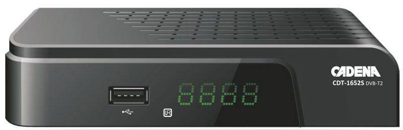 Cadena CDT-1652S, Black DVB-T2 ТВ-тюнерCADENA CDT-1652S Cadena CDT-1652S, Black DVB-T2 ТВ-тюнерCADENA CDT-1652SПриемник Cadena CDT-1652S предназначен для просмотра бесплатного цифрового эфирного телевидения высокого качества. Высокочувствительный тюнер обеспечивает стабильное качество принимаемого сигнала. При подключении внешнего USB устройства можно записывать транслируемые телевизионные каналы, а так же воспроизводить мультимедийные файлы и изображения на телевизор. Приемник имеет HDMI выход, при помощи которого можно выводить на телевизор изображение в формате высокой четкости HD 1080p. Также выполнить подключение к телевизору можно и при помощи аналогового RCA выхода. Поддержка субтитров, телетекста, электронной программы передач (EPG).