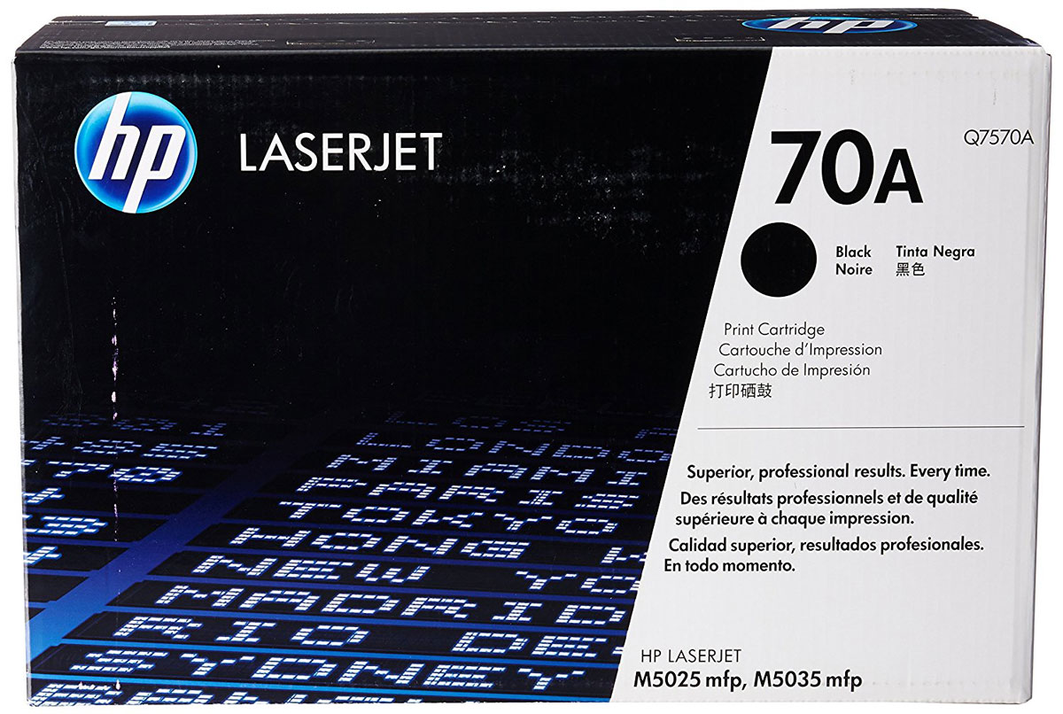 HP Q7570A (70A), Black тонер-картридж для LaserJet M5025/M5035Q7570A HP Q7570A (70A), Black тонер-картридж для LaserJet M5025/M5035Q7570AКартриджам почти не требуется обслуживание, благодаря чему повышается производительность принтеров. Оригинальные лазерные картриджи HP Q7570A (70A) позволяют сэкономить время и снизить затраты на расходные материалы. Оригинальные лазерные картриджи HP LaserJet — гарантия стабильного качества печати. За счет уменьшения количества простоев экономится время и сокращаются совокупные затраты на печать. В комплекте с лазерным картриджем HP LaserJet поставляются тонер и барабан. Технология HP Smart отправляет оповещения при низком уровне расходных материалов и помогает снизить количество простоев до минимума. Качество и надежность печати на 70% зависят именно от картриджа, поэтому лучший картридж — этот тот, который разработан специально для вашего принтера. Оригинальный картридж HP LaserJet и тонер HP.