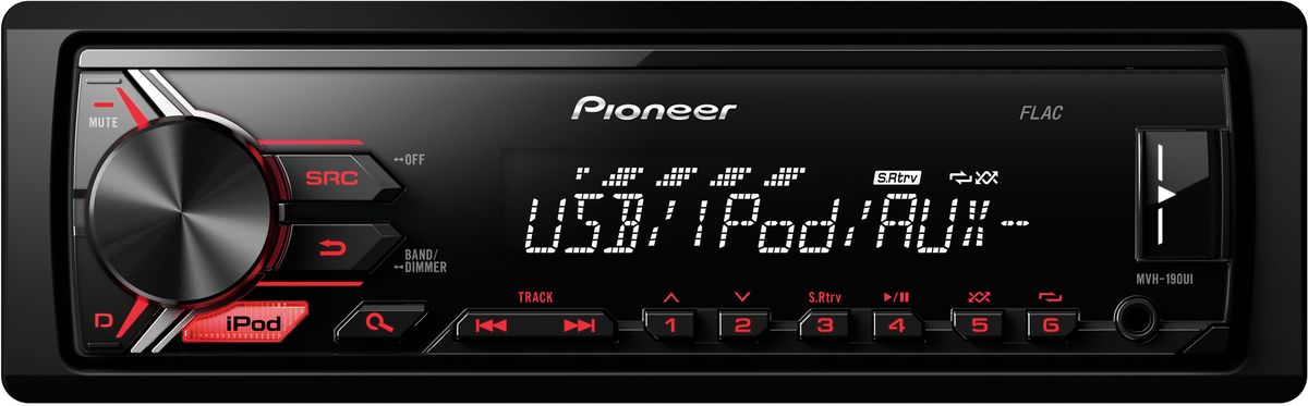 Pioneer MVH-190UI автомагнитола1025108 Pioneer MVH-190UI автомагнитола1025108Модель Pioneer MVH-190UI создана специально для цифровой музыки и современных носителей информации. К ней можно подключить как устройство Apple, так и смартфон на Android, а также другие устройства через USB порт или дополнительный Aux-вход на фронтальной панели. При этом Вы можете одновременно слушать любимую музыку и заряжать аккумулятор телефона. Вы также можете настроится на одну из 24 предустановленных FM радиостанций, чтобы получать ещё больше музыкального контента. Встроенный усилитель MOSFET с выходной мощностью 4 х 50 Вт позволяет воспроизводить музыку в высоком качестве . Для того, чтобы увеличить мощность, можно воспользоваться 2 RCA выходами на тыловой панели устройства для подключения дополнительного усилителя и динамиков. Укороченное шасси (корпус на 41% короче обычного) позволяет упростить процесс установки магнитолы в автомобиле.