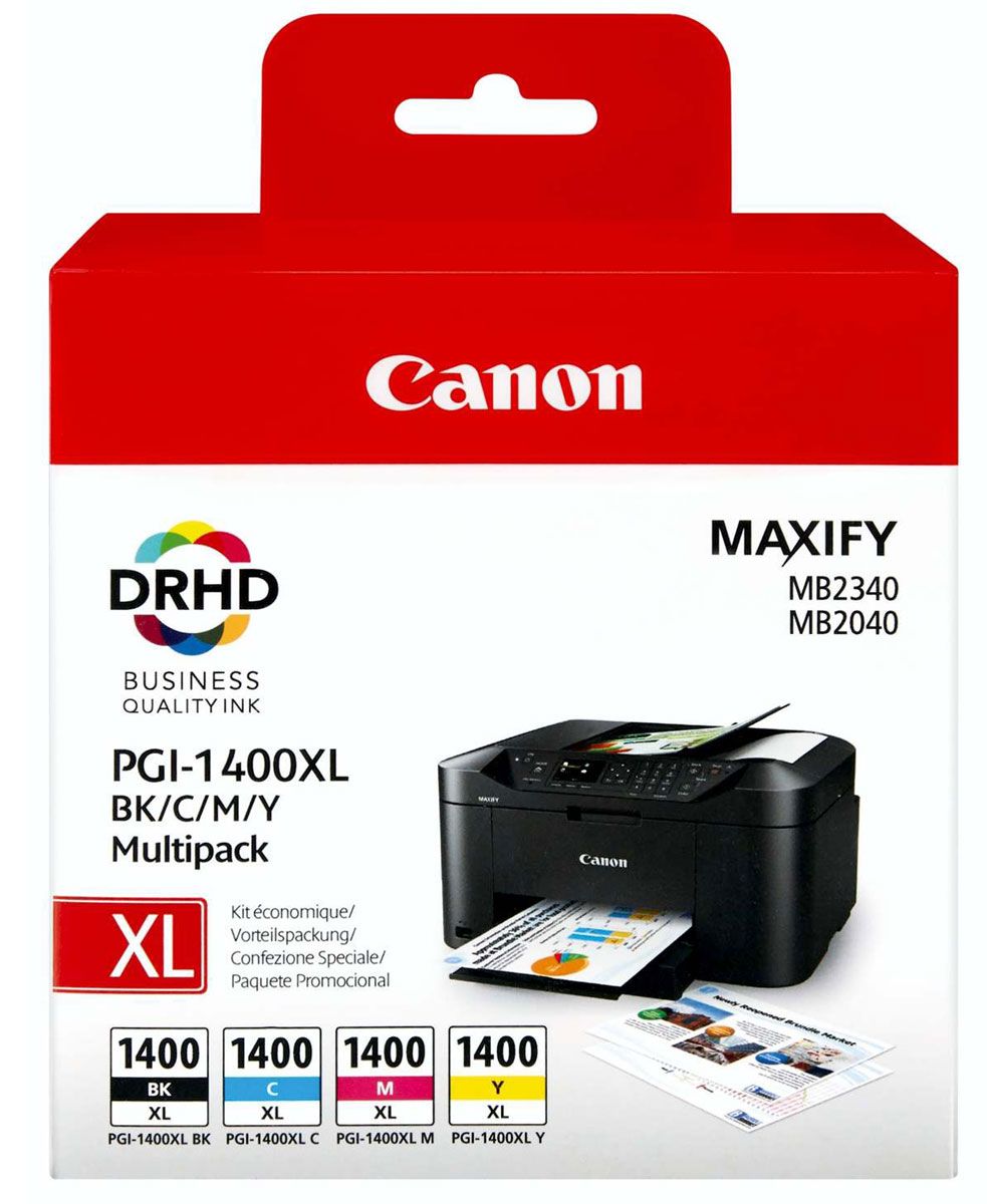 Canon PGI-1400XL EMB MULTI картридж для Maxify МВ2040/МВ23409185B004 Canon PGI-1400XL EMB MULTI картридж для Maxify МВ2040/МВ23409185B004Сэкономьте время и деньги благодаря этой мульти-упаковке, в которой содержится полный набор чернил XL для вашего принтера: голубые, пурпурные, желтые и черные. Пигментные чернила DRHD используются для профессиональной печати бизнес документации.