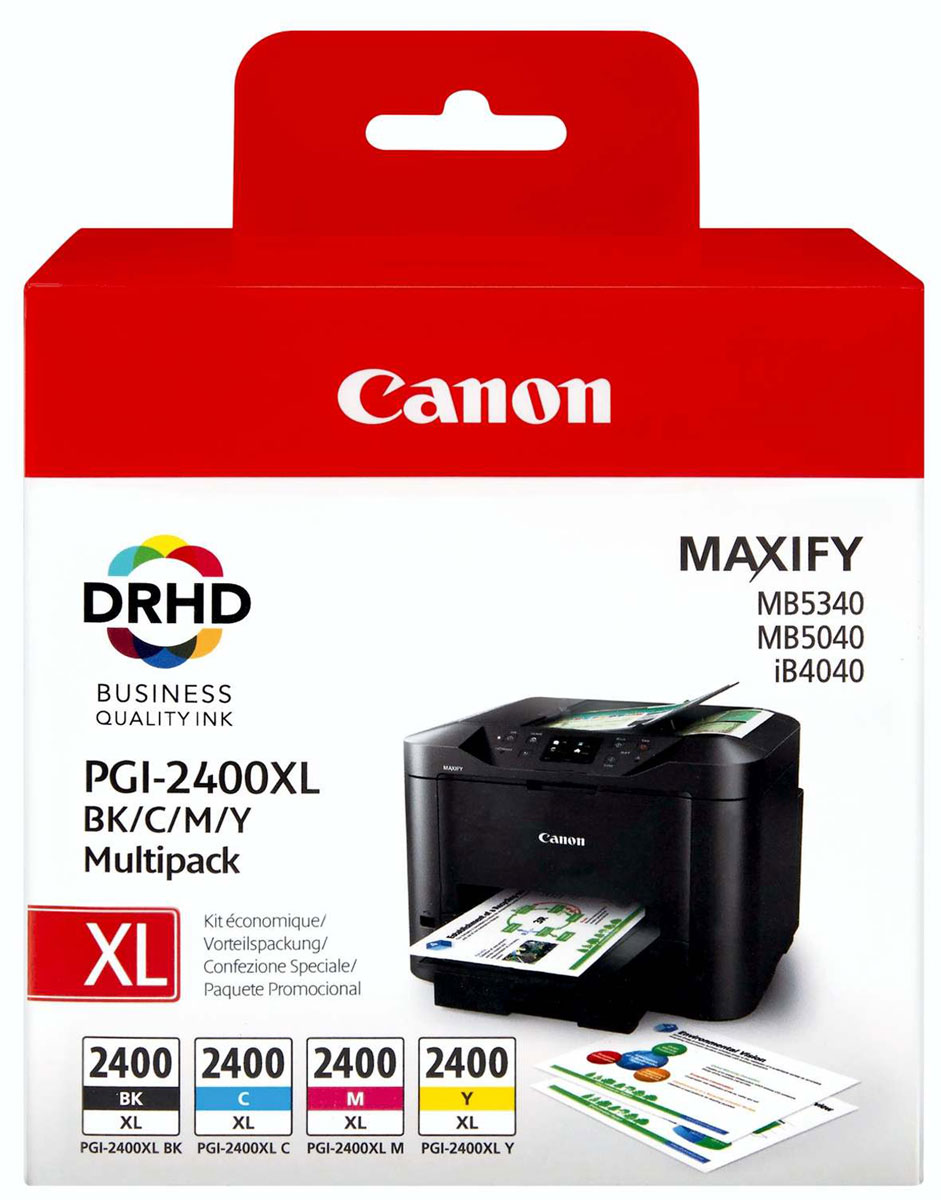 Canon PGI-2400XL EMB MULTI картридж для Maxify iB4040/МВ5040 и МВ53409257B004 Canon PGI-2400XL EMB MULTI картридж для Maxify iB4040/МВ5040 и МВ53409257B004Сэкономьте время и деньги благодаря этой мульти-упаковке, в которой содержится полный набор чернил XL для вашего принтера: голубые, пурпурные, желтые и черные. Пигментные чернила DRHD используются для профессиональной печати бизнес документации.