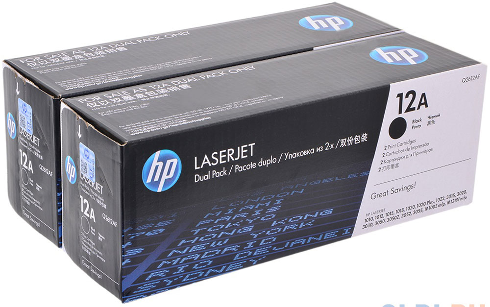 HP Q2612AF\AD, Black тонер-картридж для LaserJet 1010/1012/1015/1020/1022/015/3020/3030Q2612AF HP Q2612AF\AD, Black тонер-картридж для LaserJet 1010/1012/1015/1020/1022/015/3020/3030Q2612AFЧерные картриджи с тонером HP Q2612AF\AD в сдвоенной упаковке делают повседневную печать деловой документации более удобной и эффективной. Экономия времени, снижение простоев и уверенность в высоком качестве конечного результата. Неизменная четкость текста и резкость изображений. Подлинные картриджи с тонером HP LaserJet на 70% определяют качество печати, они разработаны специально для конкретной модели принтера, обеспечивая надежные, профессиональные результаты и экономя ваше время. Картриджи HP для принтеров LaserJet - это неизменно четкий текст и резкие черно-белые изображения для профессионального вида печатаемых документов. Оригинальные расходные материалы HP удобны в приобретении, управлении и использовании. Удобство печати, управления и бесплатной утилизации делает печать проще, чем когда бы то ни было прежде.