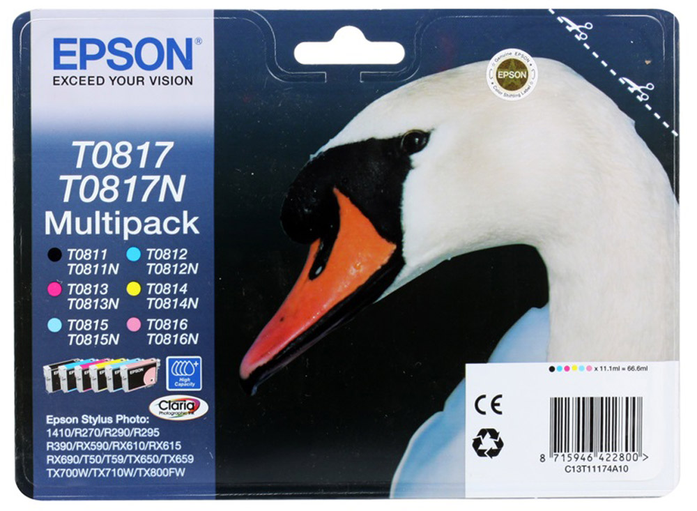 Epson T0817 Multipack (C13T11174A10) комплект картриджей для R270/RX590/T50/TX650/1410C13T11174A10 Epson T0817 Multipack (C13T11174A10) комплект картриджей для R270/RX590/T50/TX650/1410C13T11174A10Экономичный набор из 6 чернильных картриджей Epson повышенной емкости.
