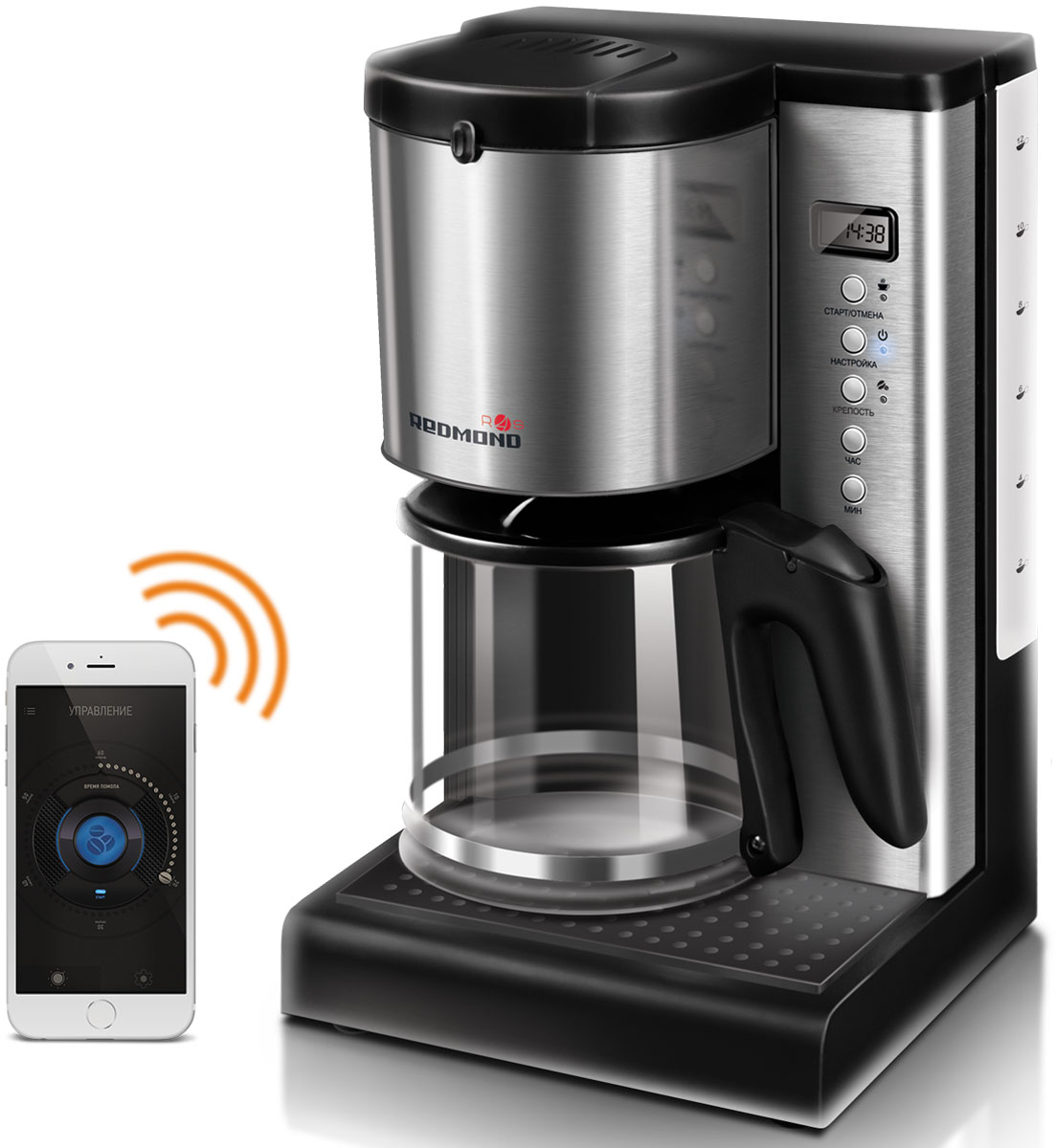 Redmond SkyCoffee RCM-M1509S умная кофеваркаRCM-M1509S Redmond SkyCoffee RCM-M1509S умная кофеваркаRCM-M1509SКофеварка Redmond M1509S – это современная кофемашина для дома и офиса, ее объемного кувшина для воды (1,5 л) хватит на 12-15 чашек эспрессо одновременно. Если вы хотите выпить чашечку горячего кофе, как только придете на работу или домой, начните его приготовление по пути! Умная кофемашина управляется как через бесплатное мобильное приложение Ready for Sky Home на вашем смартфоне, так и с панели прибора. С любого расстояния легко включить прибор, запустить приготовление кофе, выбрать крепость напитка, задать таймер включения (до 24 часов), а также заблокировать ручное включение M1509S, что особенно актуально для семей с маленькими детьми. Smart кофеварка отличается стильным дизайном и компактными размерами. Корпус прибора изготовлен из высококачественного пластика с элементами из нержавеющей стали, а кувшин для готового напитка – из термостойкого стекла. В смарт кофеварке предусмотрена удобная система Антикапля. Кофе не прольется на...