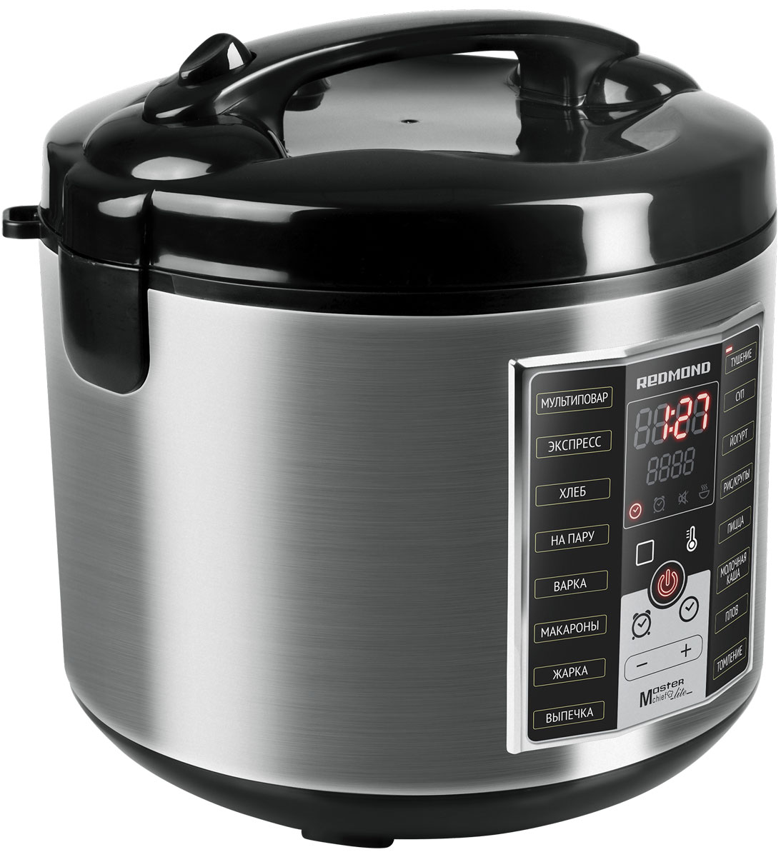 Redmond RMC-M25, Silver Black мультиваркаRMC-M25 Redmond RMC-M25, Silver Black мультиваркаRMC-M25Мультиварка Redmond RMC-M25 – современный многофункциональный прибор, отличающийся изяществом, компактностью, очевидной экономичностью, удобством и простотой в использовании. Мультиварка обладает универсальной программой Мультиповар, в которой можно устанавливать время и температуру приготовления в широком диапазоне значений. Весомым преимуществом является функция Мастершеф Лайт, позволяющая изменять параметры приготовления прямо в процессе работы программы. Redmond RMC-M25 с экологичной вместительной чашей (5 литров) и антипригарным керамическим покрытием Ceratex имеет 42 программы приготовления. Такие технологичные функции, как автоподогрев и его предварительное отключение, разогрев, отложенный старт, возможность регулировки громкости и отключения звуковых сигналов обеспечат максимальный комфорт в повседневном приготовлении любых блюд. Вы сможете заниматься кулинарными экспериментами!
