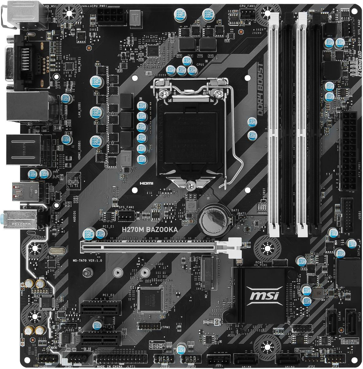 MSI H270M Bazooka материнская платаH270M BAZOOKA MSI H270M Bazooka материнская платаH270M BAZOOKAМатеринская плата MSI H270M Bazooka удовлетворит самого взыскательного геймера. Она готова на все. За устрашающим внешним видом материнской платы скрываются лучшие компоненты Military Class 5, которые в купе со специальными геймерскими функциями поднимают производительность и стабильность на новый уровень. Настройте любую цветовую схему с помощью RGB Mystic Light Sync. Чтобы полностью соответствовать стилю вашей системы выбирайте любой цвет из палитры с помощью вашего смартфона или приложения для ПК MSI Gaming App. Устали от одного и того же цвета? Полностью измените внешний вид компьютера за 1 секунду! Охлаждение компьютера является существенно важным, когда речь идет о стабильности и высокой производительности. Для этого MSI установили на плате достаточное количество разъемов для подключения управляемых вентиляторов. Теперь вы можете полностью контролировать охлаждение вашей системы. Превзойдите своих соперников по игре за счет уникальных...