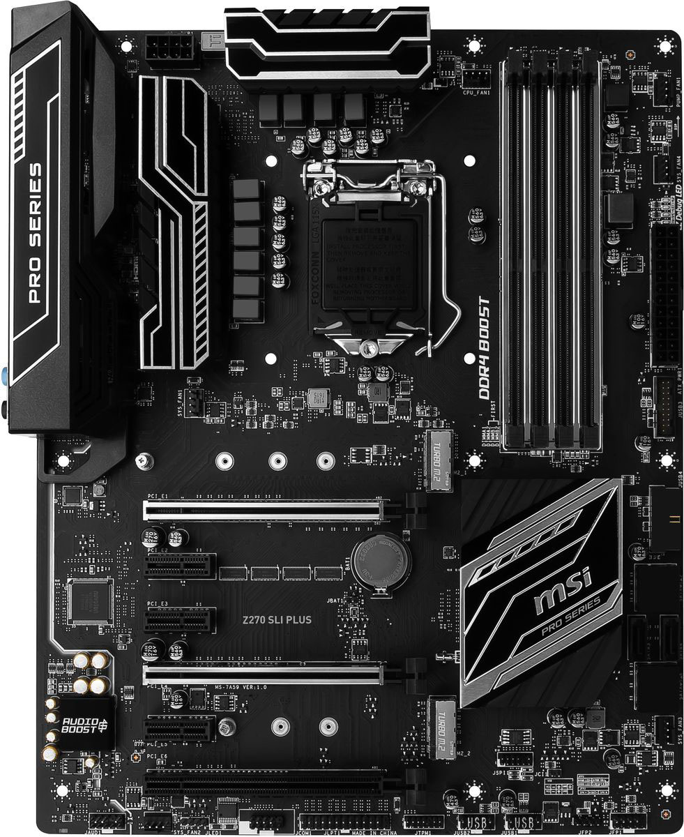 MSI Z270 SLI Plus материнская платаZ270 SLI PLUS MSI Z270 SLI Plus материнская платаZ270 SLI PLUSКачество, на которое можно положиться, топовая производительность, а также использование умных бизнес решений являются ключевыми аспектами материнской платы MSI Z270 SLI Plus. Она разработана специально для самых требовательных профессионалов. Подходит для установки в корпус любого ПК. Сделайте вашу жизнь проще и поднимите бизнес на новый уровень вместе с супер стабильными, производительными и надежными материнскими платами. Благодаря поддержке самых современных видеостандартов подключения и технологий (OLED, HDR), а также возможности вывода изображения на устаревшие видеоустройства, такие как аналоговые проекторы, материнские платы MSI разработаны специально, чтобы делать жизнь проще, получая профессиональный результат. Материнские платы MSI поддерживают все самые последние стандарты для дисковых накопителей. Это позволяет подключать любые высокоскоростные устройства хранения данных, добавляя преимуществ в работе. Быстрее запускайте программы, загружайте данные...