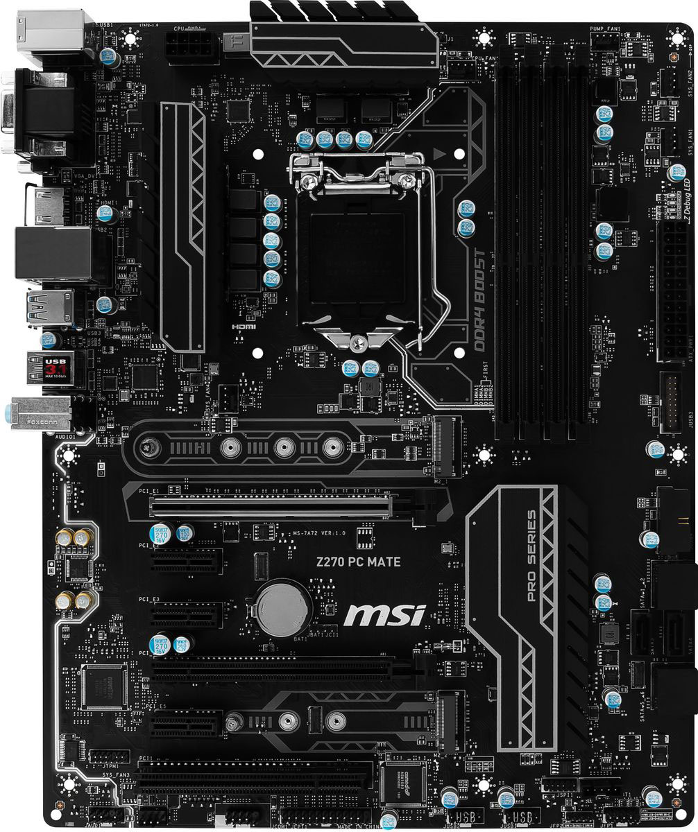 MSI Z270 PC Mate материнская платаZ270 PC MATE MSI Z270 PC Mate материнская платаZ270 PC MATEМатеринская плата MSI Z270 PC Mate подойдет для любого ПК. Качество, достойное доверия, высокая производительность и интеллектуальные решения для бизнеса - это ключевые черты данной материнской платы. Сделайте свою жизнь проще и окажите своему бизнесу поддержку с супер-стабильной, надежной и долговечной платой MSI Z270 PC Mate. Охлаждение компьютера является существенно важным, когда речь идет о стабильности и высокой производительности. Для этого MSI установили на плате достаточное количество разъемов для подключения управляемых вентиляторов. Теперь вы можете полностью контролировать охлаждение вашей системы. Почувствуйте по-настоящему потрясающий звук. Благодаря технологии Audio Boost и высококачественным компонентам MSI гарантируют высочайшее качества звука. Наслаждайтесь захватывающим звуком в играх. Материнская плата MSI Z270 PC Mate поддерживает все самые последние стандарты для дисковых накопителей. Это позволяет подключать любые...