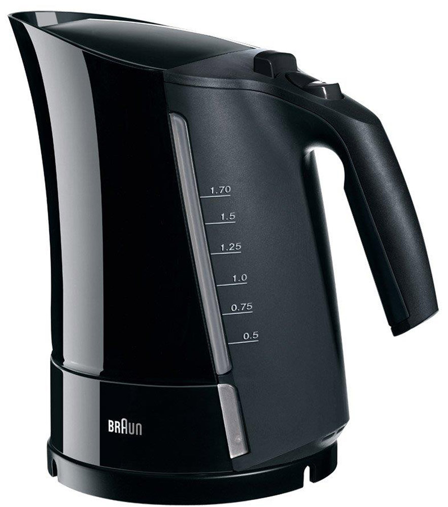Braun WK 300, Classic Black, электрочайникWK-300 MN BK Black Braun WK 300, Classic Black, электрочайникWK-300 MN BK BlackЧайник имеет индикатор уровня воды, объем 1,6 л, функцию защиты от перегрева, а также располагает мощностью 2200 Вт. Такие характеристики являются свидетельством быстрого, легкого и безопасного пользования прибором. Среди ключевых особенностей braun wk 300 нужно отметить наличие системы быстрого закипания, благодаря которой закипятить 200 мл воды можно всего за 45 секунд, присутствие фильтра от накипи и широкого носика, через который чайник можно заполнять водой просто из-под крана. Очень удобно пользоваться кнопкой открывания крышки, а также включать, отключать и чистить чайник. Электрочайник этой модели снабжен функциями автоотключения при закипании воды, автоотключения при снятии чайника с подставки
