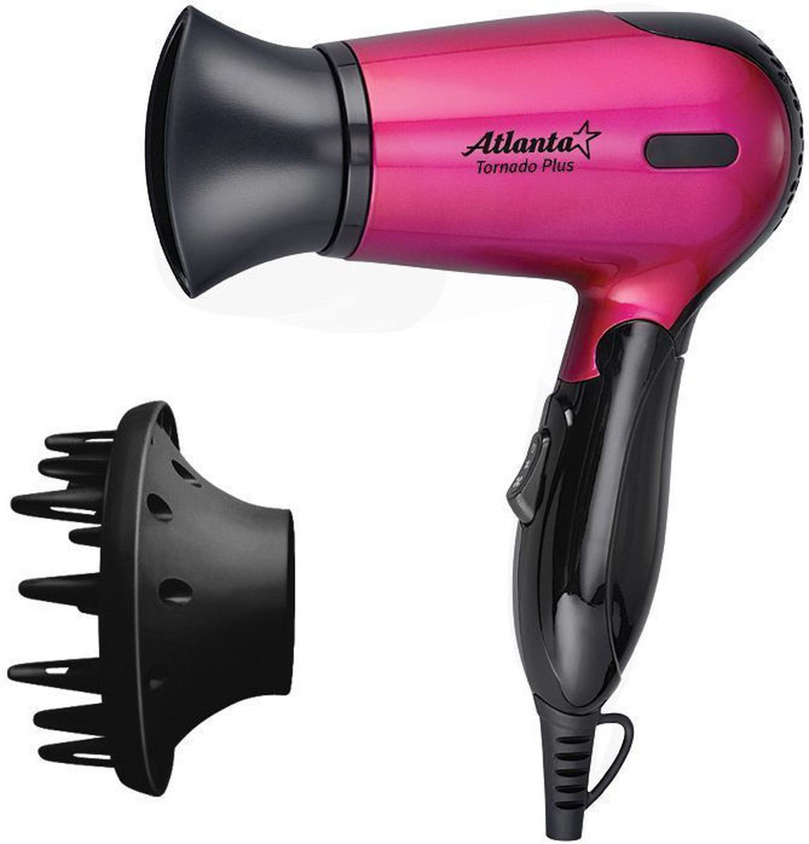 Atlanta ATH-882N, Pink фен77.858@25930 Atlanta ATH-882N, Pink фен77.858@25930Фен Atlanta ATH-882N обеспечивает мощный воздушный поток и быструю сушку волос. Сбалансированная система контроля температуры и силы воздушного потока устанавливает оптимальный режим сушки на уровне 57°С и исключает потерю протеина волос вследствие перегрева. Фен оснащен специальным механизмом отключения в случае перегрева и дополнительным плавким предохранителем на случай ошибки системы. Нихромовый нагревательный элемент выполнен в виде конуса для равномерного нагрева по всему потоку воздуха с использованием формы спирали зиг-заг, позволяющей улучшить показатель равномерности теплоотдачи данного нагревательного элемента. Прочная, удобная ручка легко складывается. Фен занимает мало места при хранении, а также очень удобен дороге.