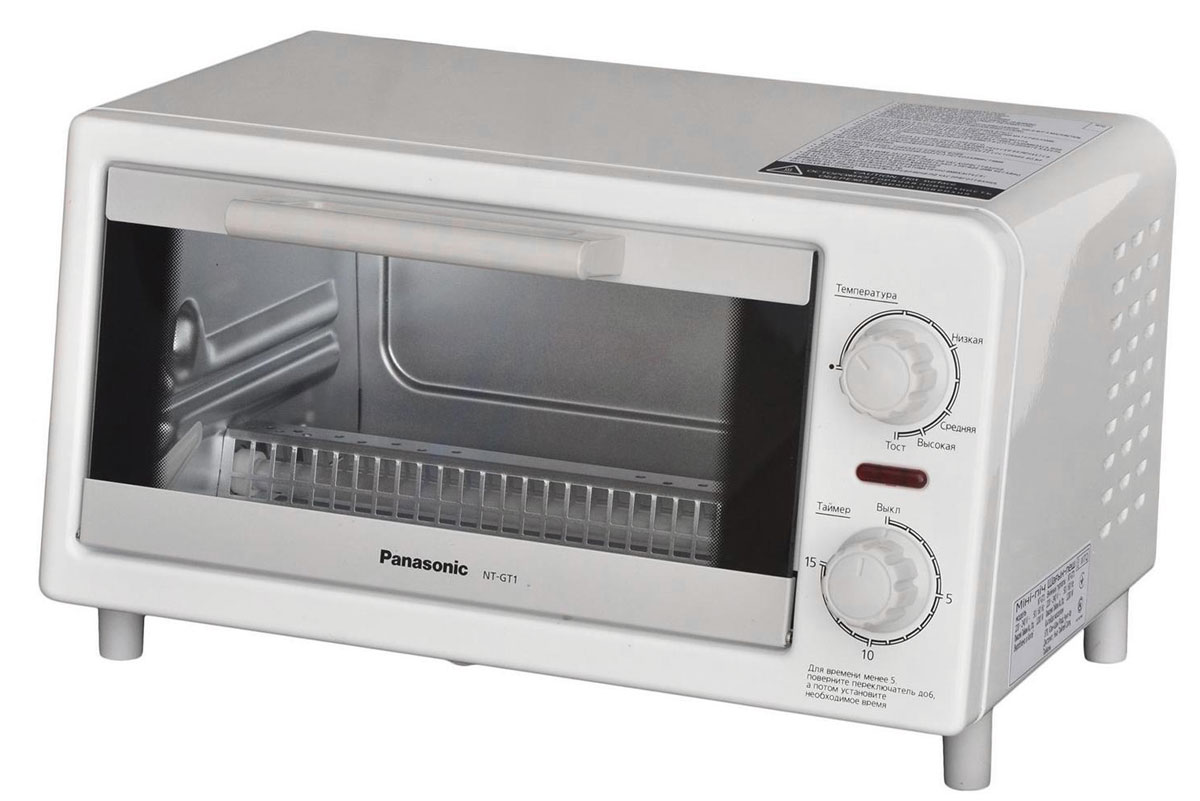 Panasonic NT-GT1WTQ мини-печьNT-GT1WTQ Panasonic NT-GT1WTQ мини-печьNT-GT1WTQPanasonic NT-GT1WTQ - электрическая мини-печь, оснащенная индикатором температуры и выдвижным лотком для крошек. В кажущейся на первый взгляд простоте конструкции заложен намного больший функционал, чем использование печки в качестве простого тостера. За счет увеличенного внутреннего объема по сравнению с обычным тостером есть возможность приготовления разнообразных блюд. Прозрачная и стеклянная дверца позволяет визуально контролировать весь процесс приготовления без необходимости открывать дверцы и тем самым нарушать температурный режим внутри камеры. Наличие нагревательных элементов сверху и снизу способствует равномерному пропеканию приготавливаемого блюда. Решетка съемная и вставляется в пазы находящиеся внутри корпуса. Специальные крючки, расположенные на дверцах соединяются с решеткой, которая выдвигается при открытии дверей, (облегчает процесс закладывания и доставания продуктов при готовке). Легко открывающееся поддон для крошек. Просто поднимаем печь на 45 градусов и открыв...