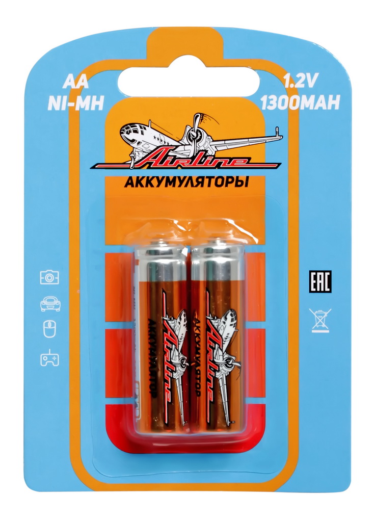 Батарейки Airline, AA HR6 аккумулятор Ni-Mh 1300 mAh, 2 штAA-13-02 Батарейки Airline, AA HR6 аккумулятор Ni-Mh 1300 mAh, 2 штAA-13-02Никель-металл-гидридные (NiMH) аккумуляторы популярных типоразмеров ААА и АА в блистерах по 2 штуки.