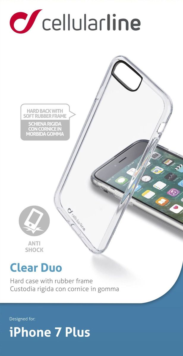 Cellular Line чехол для iPhone 7 Plus, ClearCLEARDUOIPH755T Cellular Line чехол для iPhone 7 Plus, ClearCLEARDUOIPH755TЧехол Cellular Line для iPhone 7 Plus надежно защитит ваш смартфон от внешних воздействий, грязи, пыли, брызг. Он также поможет при ударах и падениях, не позволив образоваться на корпусе царапинам и потертостям. Чехол обеспечивает свободный доступ ко всем функциональным кнопкам смартфона и камере.