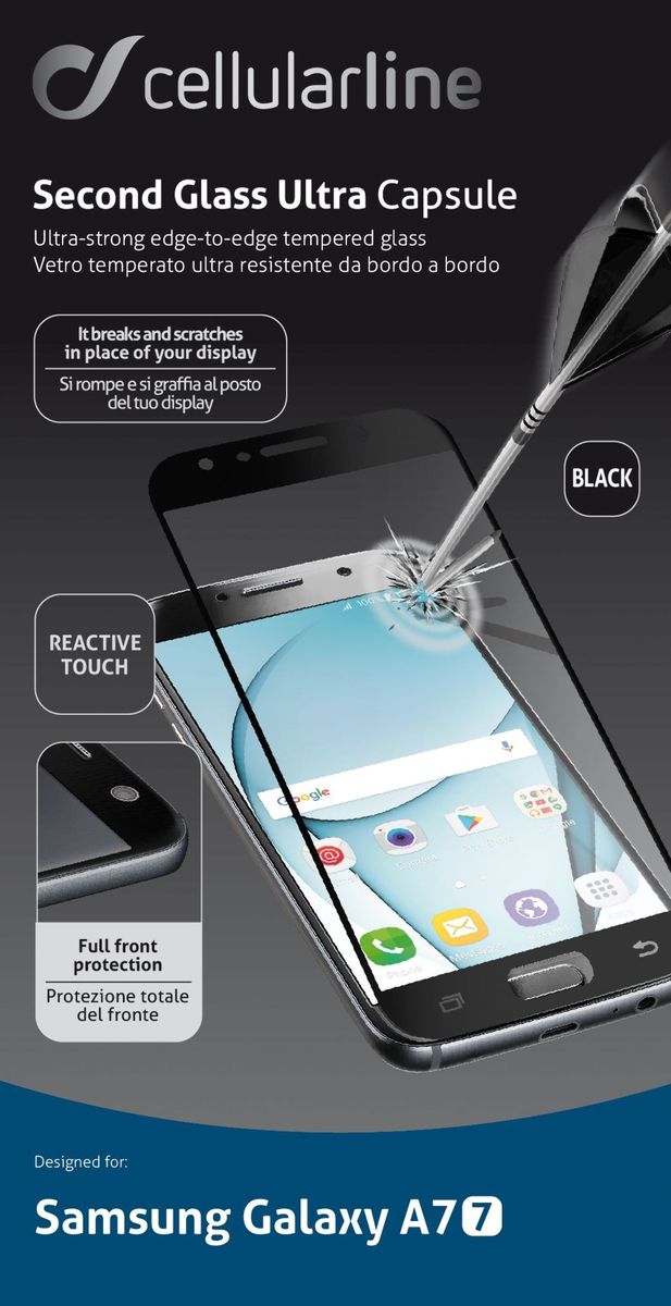 Cellular Line защитное стекло для Samsung Galaxy A7 (2017), BlackTEMPGCAPGALA717K Cellular Line защитное стекло для Samsung Galaxy A7 (2017), BlackTEMPGCAPGALA717KЗащитное стекло Cellular Line для Samsung Galaxy A7 (2017) обеспечивает надежную защиту сенсорного экрана устройства от большинства механических повреждений и сохраняет первоначальный вид дисплея, его цветопередачу и управляемость. В случае падения стекло амортизирует удар, позволяя сохранить экран целым и избежать дорогостоящего ремонта. Стекло обладает особой структурой, которая держится на экране без клея и сохраняет его чистым после удаления. Силиконовый слой предотвращает разлет осколков при ударе.