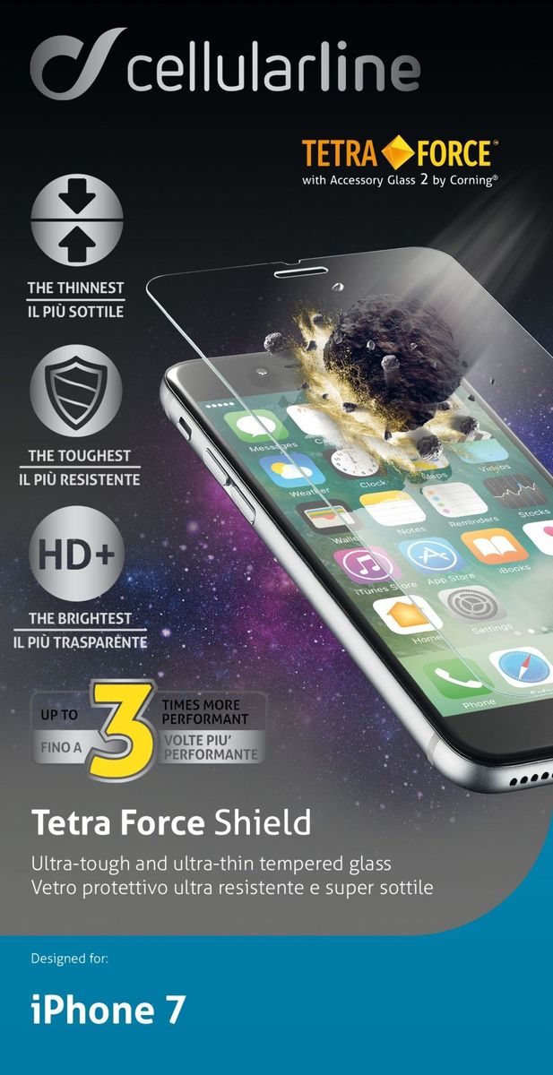 Cellular Line Tetra Force защитное стекло для iPhone 7 ультрапрочноеTETRAGLASSIPH747 Cellular Line Tetra Force защитное стекло для iPhone 7 ультрапрочноеTETRAGLASSIPH747Защитное стекло Cellular Line Tetra Force для iPhone 7 является последним рубежом для защиты дисплея: супер-тонкое закаленное листовое стекло с химической закалкой (молекулярный процесс, который увеличивает плотность и прочность, несмотря на уменьшенную толщину), что делает его еще прочнее. Держится до трех раз дольше, чем стандартные закаленные защитные стекла!