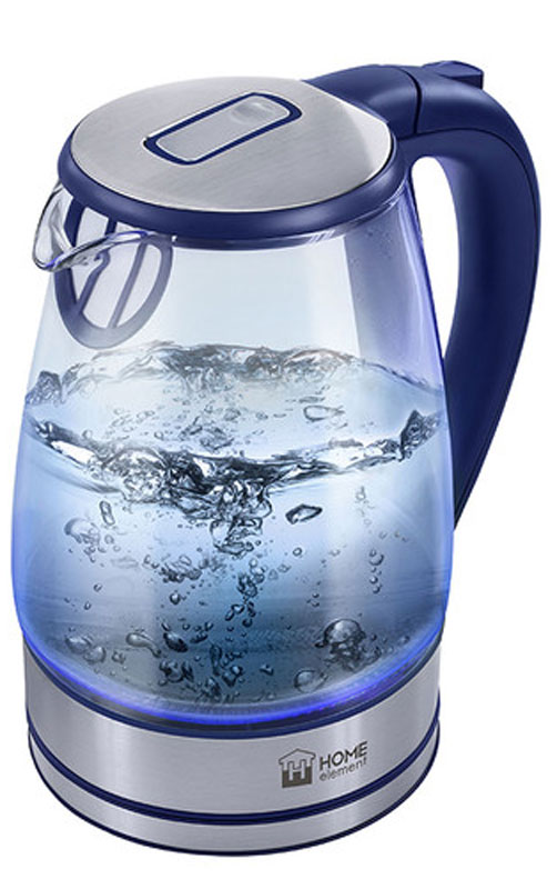 Home Element HE-KT150, Blue электрический чайникHE-KT150 Home Element HE-KT150, Blue электрический чайникHE-KT150Легкий и прочный стеклянный чайник Home Element HE-KT150 с голубой внутренней подсветкой в стильном прозрачном корпусе из закаленного стекла. Качественное стекло сохраняет природный вкус и все натуральные свойства воды, не выделяя примесей. Двухлитровый чайник имеет повышенную мощность 2200 Вт для самого быстрого закипания воды и закрытый нагревательный элемент для противостояния накипи и легкости ухода. Вращение чайника на базе обеспечивает простой доступ к его ручке с любой стороны без опасности обжечься, а многоуровневая система защиты автоматически отключит чайник при готовности кипятка или при недостаточном количестве воды. Светодиодная подсветка дарит прекрасное настроение игрой света в пузырьках закипающей воды.