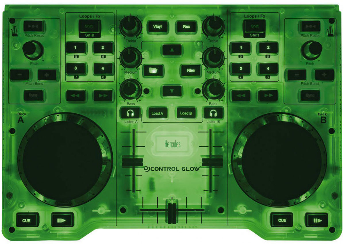 Hercules DJControl Glow, Green микшерный пульт4780839 Hercules DJControl Glow, Green микшерный пульт4780839Hercules Hercules DJControl Glow представляет собой компактный DJ-контроллер с подсветкой корпуса. Данная модель прекрасно подойдет для начинающих диджеев, а также для тех, кто устраивает вечеринки в различных клубах, он чрезвычайно удобен, особенно когда постоянно приходится переезжать с места на место. Благодаря его небольшим габаритам и малому весу он легко помещается в обычную сумку и может путешествовать с вами где угодно. Одной из самых интересных деталей, которая сразу же бросается в глаза при первом знакомстве с Glow Green является его необычный корпус. В отключенном состоянии он прозрачного цвета, но как только его подключают к питанию, весь корпус наливается зеленым свечением. Выглядит это очень необычно и ярко. Устройство получает питание от USB порта любого компьютера или ноутбука, который также легко перевозится с собой. Органы управления DJ Control Glow позволяют микшировать два трека одновременно. Два сенсорных диска облегчают перемещение в...