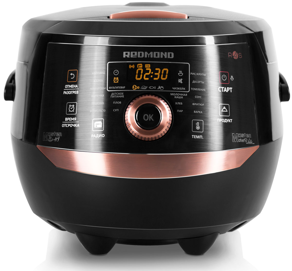 Redmond SkyKitchen RMK-CB391S мультиварка-мультикухняRMK-CB391S Redmond SkyKitchen RMK-CB391S мультиварка-мультикухняRMK-CB391SМультикухня SkyKitchen RMK-CB391S, выпущенная в коллекционной серии Chrome and Bronze, сочетает в себе целый ряд инновационных разработок Redmond для автоматического приготовления домашних блюд любых кухонь мира! Благодаря запатентованной Redmond технологии подъема нагревательного элемента MasterFry, универсальная мультикухня может заменить собой и привычную плиту с духовкой, и мультиварку. На поднятый ТЭН можно поставить любую подходящую по диаметру жаропрочную посуду (комплектную сковороду, ковш, кастрюлю или чайник), и готовить на любой из 50 автоматических программ. ТЭН мультикухни, в отличие от ТЭНа мультиварок, плоский. Масло, если вы привыкли использовать его для своих блюд, будет растекаться по дну чаши или сковороды ровным слоем, не скапливаясь у центра или бортов – блюда приготовятся равномерно и будут более диетическими. Как во время готовки на поднятом ТЭНе, так и при приготовлении в чаше, доступны все предустановленные ...