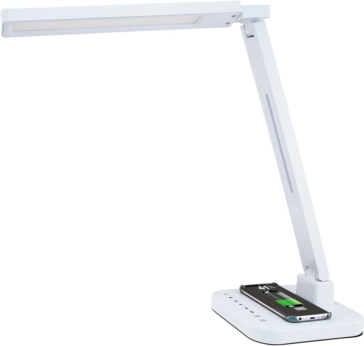 Лампа настольная Лючия Smart Qi, светодиодная, цвет: белый, 15W. L9004606400105459 Лампа настольная Лючия Smart Qi, светодиодная, цвет: белый, 15W. L9004606400105459Настольный светильник. Предназначен для местного освещения внутри помещений. Напряжение сети 230 В, частота 50 Гц. Цветопередача Ra > 90. Источник света: SMD светодиоды, 48 шт. – Беспроводная зарядка Qi. – USB-разъем для подзарядки 5 В 2 А. – Cенсорное управление. – 4 режима. Цветовая температура света в диапазоне от 2700 до 6600 К. – Дискретное изменение яркости свечения (5 уровней). – Запоминание выбранного уровня яркости в каждом режиме. Кнопка: режим чтение Кнопка: режим учеба Кнопка: режим релаксация Кнопка: режим сон Кнопка: уменьшение яркости Кнопка: увеличение яркости Кнопка: таймер на 60 мин Кнопка: включение/ выключение Разъем для адаптера для сети 230 В
