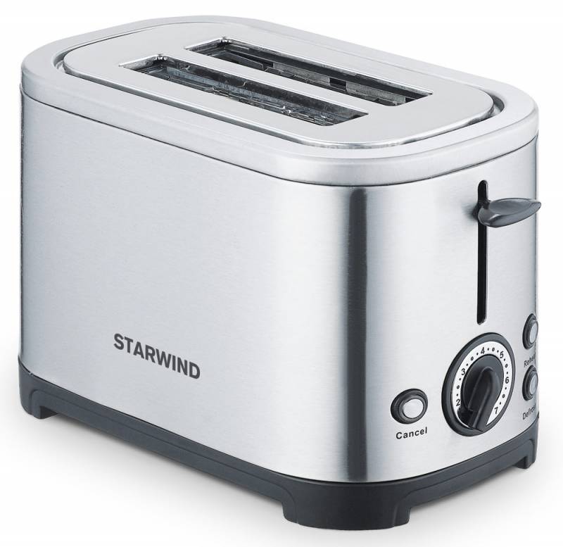 Starwind SET5573, Silver тостерSET5573 Starwind SET5573, Silver тостерSET5573Корпус тостера Starwind SET5573 выполнен из металла, что гарантирует его прочность и долговечность. Модель оснащена двумя отделениями для приготовления тостов. С помощью механического регулятора можно выбрать одну из семи возможных степеней обжарки для получения желаемой хрустящей корочки. Мощность 700 Вт позволяет прибору приготовить даже самый поджаристый ломтик все за пару минут. Тостер прост в обслуживании и не боится загрязнения внутренних элементов крошками, так как все они попадают в специальный съемный лоток. Он расположен в нижней части устройства, легко вынимается и моется.