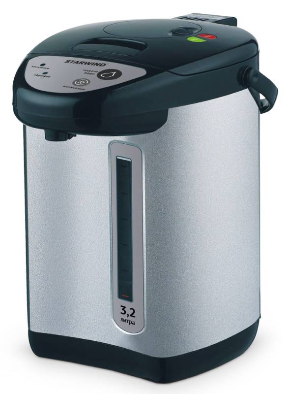 Starwind STP4176, Black Silver термопотSTP4176 Starwind STP4176, Black Silver термопотSTP4176Для экономии времени, которое тратится на нагревание чайника, можно использовать термопот Starwind STP4176. Высокая мощность прибора 750 Вт и вместимость, достигающая 3,2 л, являются весомыми преимуществами при использовании устройства. Вода в нем будет очень быстро нагреваться и долго остывать. Удобная ручка позволяет переносить ее в любое подходящее место. Прибор поддерживает температуру воды и блокирует кнопку включения при отсутствии жидкости внутри. Наличие функции повторного кипячения и возможность следить за уровнем наполненности делают работу с прибором удобной и комфортной.