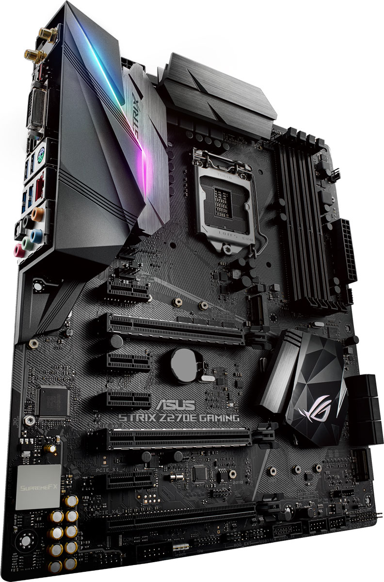 ASUS ROG STRIX Z270E GAMING материнская плата90MB0RN0-M0EAY0 ASUS ROG STRIX Z270E GAMING материнская плата90MB0RN0-M0EAY0Геймерская ATX-плата ASUS ROG Strix Z270E Gaming для платформы Intel LGA 1151 с технологией синхронизации светодиодной подсветки Aura Sync, модулем Wi-Fi 802.11ac, поддержкой DDR4 3866 МГц, двумя разъемами M.2, портами SATA 6 Гбит/с, HDMI и USB 3.1 Type-C на передней панели. Intel Z270 – это новейший чипсет, оптимизированный для работы с процессорами Intel серий Core i7 / Core i5 / Core i3 / Pentium / Celeron седьмого и шестого поколений, устанавливаемыми в разъем LGA1151. Особенностью этих процессоров являются встроенные контроллеры памяти и шины PCI Express, обеспечивающие работу двухканальной памяти DDR4 (4 DIMM) и 16 линий PCI Express 3.0/2.0, а также мощное интегрированное графическое ядро. Данный чипсет отличается высокой стабильностью, производительностью и пропускной способностью. Материнская плата ROG Strix Z270 продолжает славные традиции геймерских продуктов серии Pro Gaming, дополняя их современными решениями от команды разработчиков...