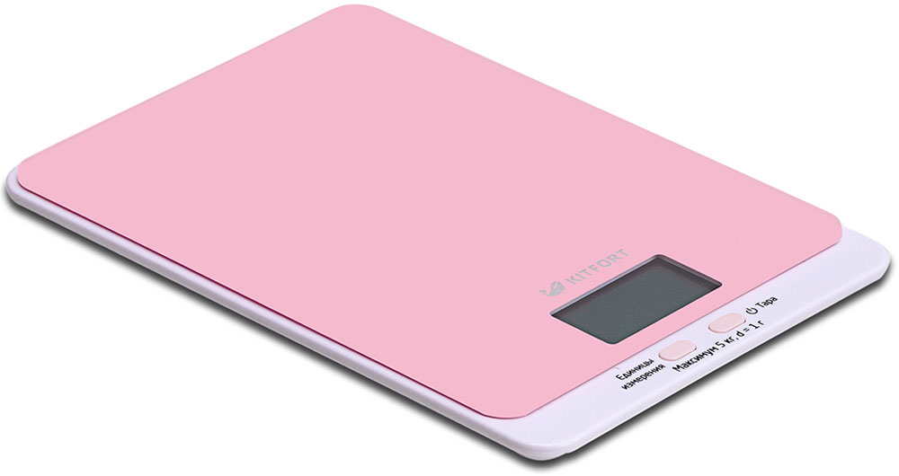 Kitfort КТ-803-2, Pink весы кухонныеКТ-803-2 Kitfort КТ-803-2, Pink весы кухонныеКТ-803-2Электронные кухонные весы Kitfort КТ-803 позволяют определять вес до 5 кг с точностью до 1 грамма. Они оснащены жидкокристаллическим дисплеем с крупными цифрами, функциями автокалибровки, тарировки и выбора единиц измерения. Платформа выполнена из высокопрочного полированного стекла, а прорезиненные ножки обеспечивают весам дополнительную устойчивость и предотвращают их скольжение по поверхности. Для получения максимально точного результата устанавливайте весы на ровную горизонтальную поверхность. Датчики веса находятся в ножках весов, поэтому если они стоят на неровной или мягкой поверхности, то вес будет измеряться неправильно. Функция тарировки работает только при включенных весах. Левая кнопка используется для переключения единиц измерений. Включите весы, дождитесь окончания калибровки, затем последовательными нажатиями на кнопку выберите требуемые единицы измерения: g (граммы), oz (унции), lb: oz (фунты: унции), ml (миллилитры), fl.oz...