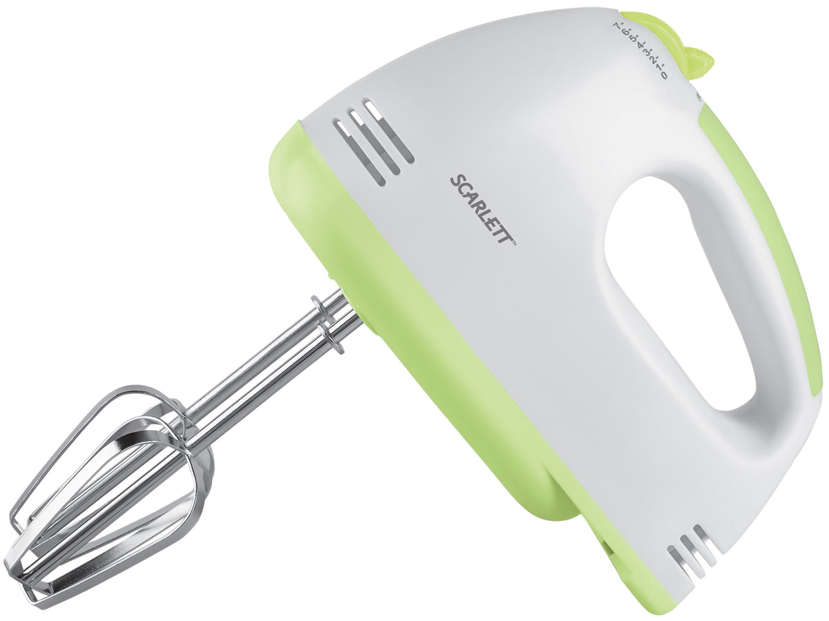 Scarlett SC-HM40S05, White Green миксерSC-HM40S05 Scarlett SC-HM40S05, White Green миксерSC-HM40S05Практичный и удобный ручной миксер Scarlett SC-HM40S05, выполненный в привлекательном ярком дизайне, возьмет на себя наиболее трудоемкую часть кухонной работы и превратит приготовление пищи в приятное занятие. Семь различных скоростных режимов, предусмотренных в этом миксере, помогут подобрать оптимальный подход к каждому продукту. С помощью крюков для теста, изготовленных из прочной нержавеющей стали, вы сможете смешать однородное тесто для блинов или бисквита. Венчики для взбивания предназначены для приготовления крема для торта, пышного мусса, взбивания яиц и сливок. Все насадки легко меняются с помощью специальной кнопки.