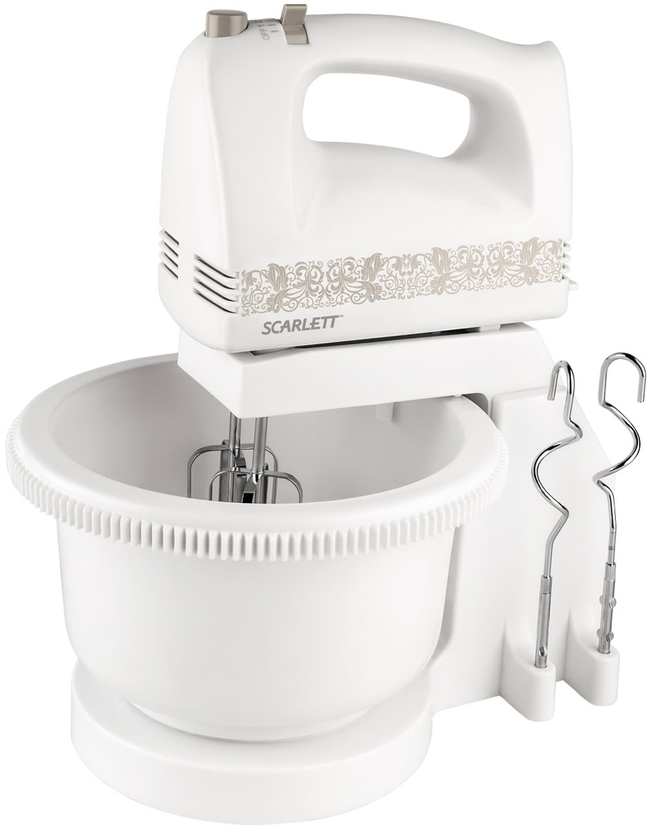 Scarlett SC-HM40B02, White миксерSC-HM40B02 Scarlett SC-HM40B02, White миксерSC-HM40B02Практичный и удобный стационарный миксер Scarlett SC-HM40S05 возьмет на себя наиболее трудоемкую часть кухонной работы и превратит приготовление пищи в приятное занятие. Пять различных скоростных режимов, предусмотренных в этом миксере, помогут подобрать оптимальный подход к каждому продукту. С помощью крюков для теста, изготовленных из прочной нержавеющей стали, вы сможете смешать однородное тесто для блинов или бисквита. Насадки для взбивания предназначены для приготовления крема для торта, пышного мусса, взбивания яиц и сливок. Все насадки легко меняются с помощью специальной кнопки. В комплекте предусмотрена съемная чаша для смешивания объемом 2 л.