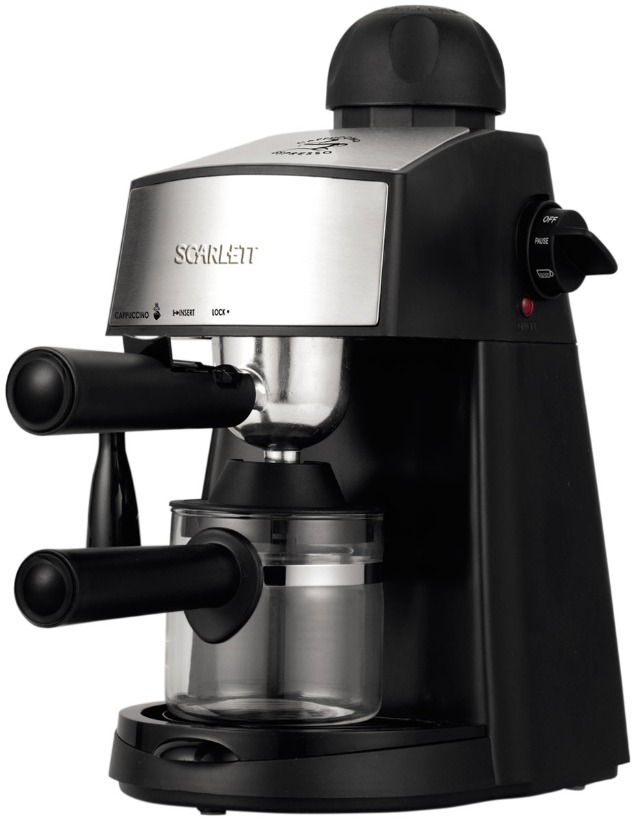 Scarlett SC-CM33004, Black кофеваркаSC-CM33004 Scarlett SC-CM33004, Black кофеваркаSC-CM33004Scarlett SC-CM33004 - современная кофеварка рожкового типа, способная приготовить эспрессо или капучино из молотого кофе. Она стильно выглядит, проста в использовании, не занимает много места, оснащена резиновыми ножками, повышающими её устойчивость. Максимальное давление составляет 4 бар. Этого достаточно, чтобы кофе, приготовленный при помощи кофеварки, приобрёл богатый, насыщенный вкус и аромат. Кофеварка оснащена стеклянной колбой, в которой можно приготовить до 4 чашек кофе. Резервуар для капель значительно упрощает уход за кофеваркой. При необходимости он легко снимается и моется. К кофеварке прилагается удобная мерная ложечка, с помощью которой владелец сможет точно отмерить необходимое количество молотого кофе. Колба из термостойкого стекла Сопло для подачи пара под давлением Съемный фильтродержатель Съемный поддон для сбора капель Резиновые ножки для повышения устойчивости
