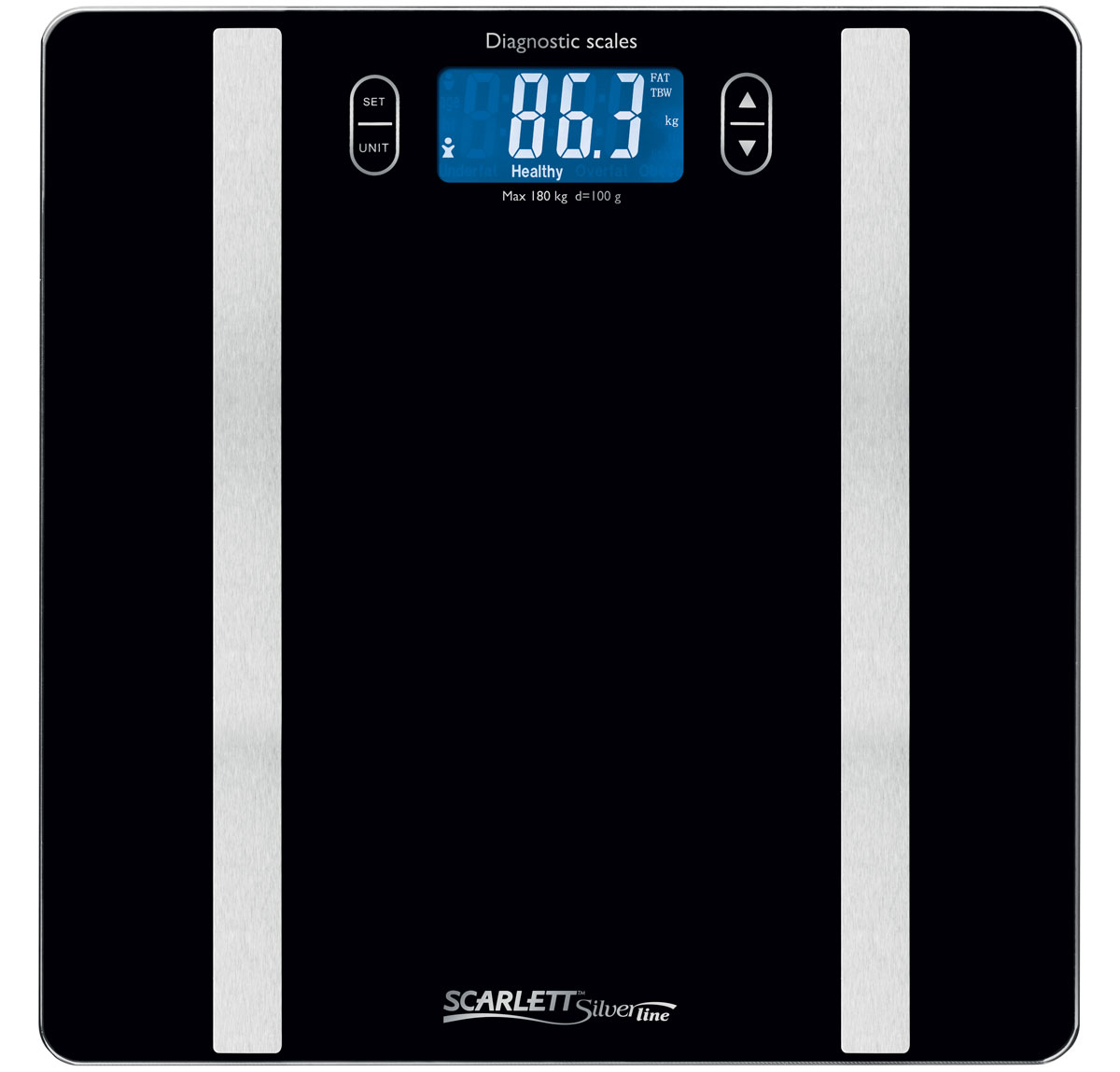 Scarlett SL-BS34ED42, Black весы напольныеSL-BS34ED42 Scarlett SL-BS34ED42, Black весы напольныеSL-BS34ED42Диагностические весы Scarlett SL-BS34ED42 не только помогут следить за весом, но и определить процентное соотношение воды и жира в организме. Есть возможность занести полученные результаты измерений в память – доступно 10 ячеек, в которые заносится информация о росте, возрасте, поле и других параметрах пользователя. Включаются и выключаются весы автоматически – достаточно встать на платформу и весы начнут работу. Платформа весов имеет ультратонкий дизайн (5 мм), изготовлена из качественного высокопрочного стекла и оснащена большим жидкокристаллическим дисплеем. Предусмотрены индикаторы превышения допустимой нагрузки и необходимости заменить батарейки. Для работы весов потребуются две 3V батарейки типа CR 2032 – они уже включены в комплект поставки. Безопасность использования обеспечивается прорезиненными ножками, исключающими скольжение.