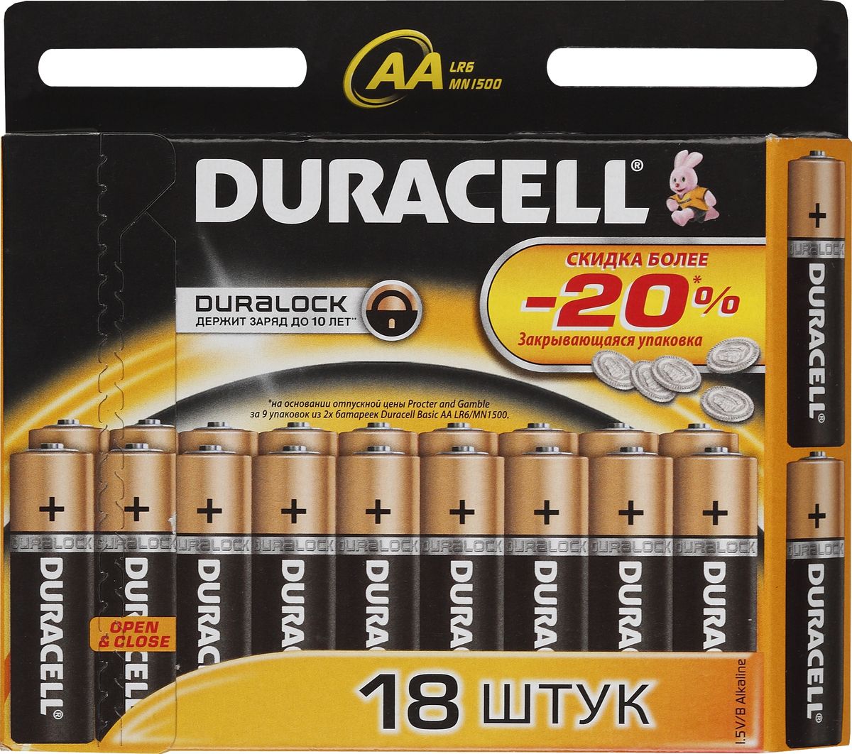 Набор алкалиновых батареек Duracell Basic, LR6-18BL, 18 шт81483682 Набор алкалиновых батареек Duracell Basic, LR6-18BL, 18 шт81483682Набор батареек Duracell Basic предназначен для использования в различных электронных устройствах небольшого размера, например в пультах дистанционного управления, портативных MP3-плеерах, фотоаппаратах, различных беспроводных устройствах.