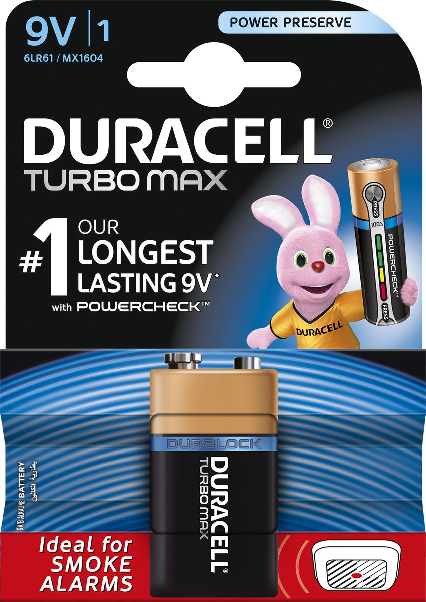 Батарейка алкалиновая Duracell Turbo, 6LR61-1BL81529776 Батарейка алкалиновая Duracell Turbo, 6LR61-1BL81529776Батарейка алкалиновая Duracell Turbo с индикатором заряда идеально подходит для использования в пожарных сигнализациях.