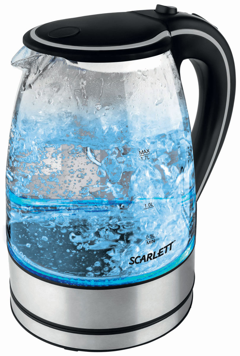 Scarlett SC-1024, Black электрический чайникSC-1024 Scarlett SC-1024, Black электрический чайникSC-1024Главная особенность электрического чайника Scarlett SC-1024 – это надежный и стильный корпус, выполненный из термостойкого стекла. Прибор оснащен специальным фильтром, чтобы накипь не попадала в кипяток. Этот электрочайник безопасен в использовании: он не включится, если в нем нет воды, а это продлевает срок службы нагревательного элемента. Нагревательный элемент представляет собой закрытую спираль, которую удобно и легко чистить. Так как чайник крутится на все 360 градусов, его можно устанавливать на базу в любом положении. Очень интересно выполнен индикатор работы прибора: при включении вода начинает подсвечиваться голубым светом. Благодаря этой изюминке чайник несомненно станет украшением вашей кухни.