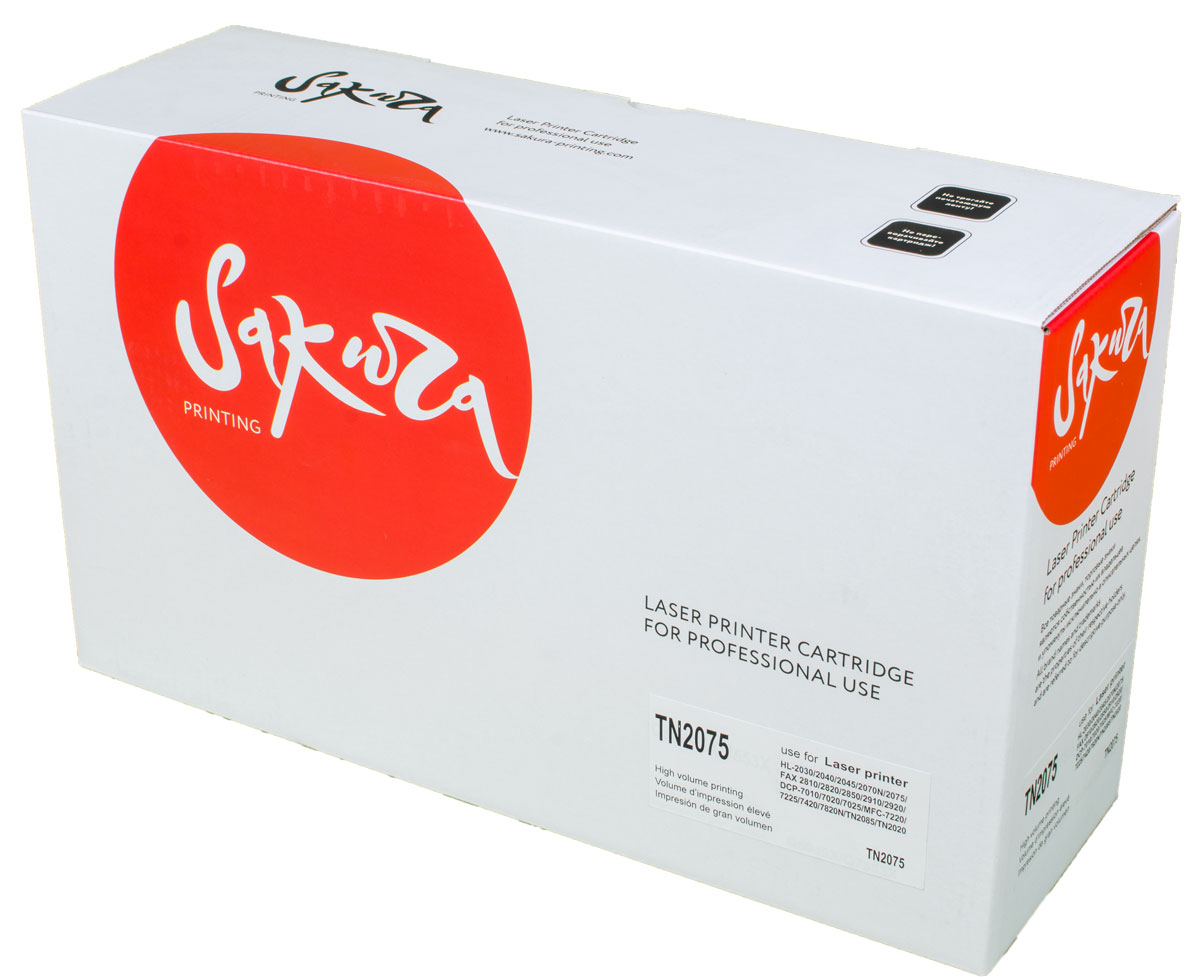 Sakura TN2075, Black тонер-картридж для Brother HL-2030/2070N/2075/FAX-2810/DCP-7010/7020/MFC-7220/7225/TN2085/TN2020SATN2075 Sakura TN2075, Black тонер-картридж для Brother HL-2030/2070N/2075/FAX-2810/DCP-7010/7020/MFC-7220/7225/TN2085/TN2020SATN2075Тонер-картридж Sakura TN2075 для лазерных принтеров Brother HL-2030/2070N/2075/FAX-2810/DCP-7010/7020/MFC-7220/7225/TN2085/TN2020 является альтернативным решением для замены оригинальных картриджей. Он печатает с тем же качеством и имеет тот же ресурс, что и оригинальный картридж. В картриджах компании Sakura используется химический синтезированный тонер, который в отличие от дешевого тонера из перемолотого полимера, не царапает, а смазывает печатающий вал, что приводит к возможности многократных перезаправок картриджей. Такой подход гарантирует долгий срок службы принтера, превосходное качество и стабильность печати. Тонер-картриджи Sakura производятся при строгом соответствии стандартам ISO 9001 и ISO 14001, что подтверждено международными сертификатами.