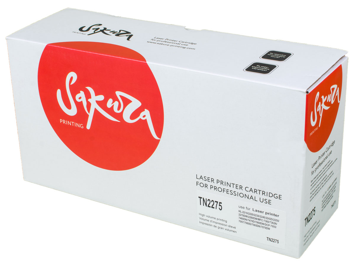 Sakura TN2275, Black тонер-картридж для Brother HL-2210/2242D/2270DW/2280DW/MFC-7360/7460DN/7860DW/DCP-7055/7060D/7070DWSATN2275 Sakura TN2275, Black тонер-картридж для Brother HL-2210/2242D/2270DW/2280DW/MFC-7360/7460DN/7860DW/DCP-7055/7060D/7070DWSATN2275Тонер-картридж Sakura TN2275 для лазерных принтеров Brother HL-2210/2242D/2270DW/2280DW/MFC-7360/7460DN/7860DW/DCP-7055/7060D/7070DW является альтернативным решением для замены оригинальных картриджей. Он печатает с тем же качеством и имеет тот же ресурс, что и оригинальный картридж. В картриджах компании Sakura используется химический синтезированный тонер, который в отличие от дешевого тонера из перемолотого полимера, не царапает, а смазывает печатающий вал, что приводит к возможности многократных перезаправок картриджей. Такой подход гарантирует долгий срок службы принтера, превосходное качество и стабильность печати. Тонер-картриджи Sakura производятся при строгом соответствии стандартам ISO 9001 и ISO 14001, что подтверждено международными сертификатами.