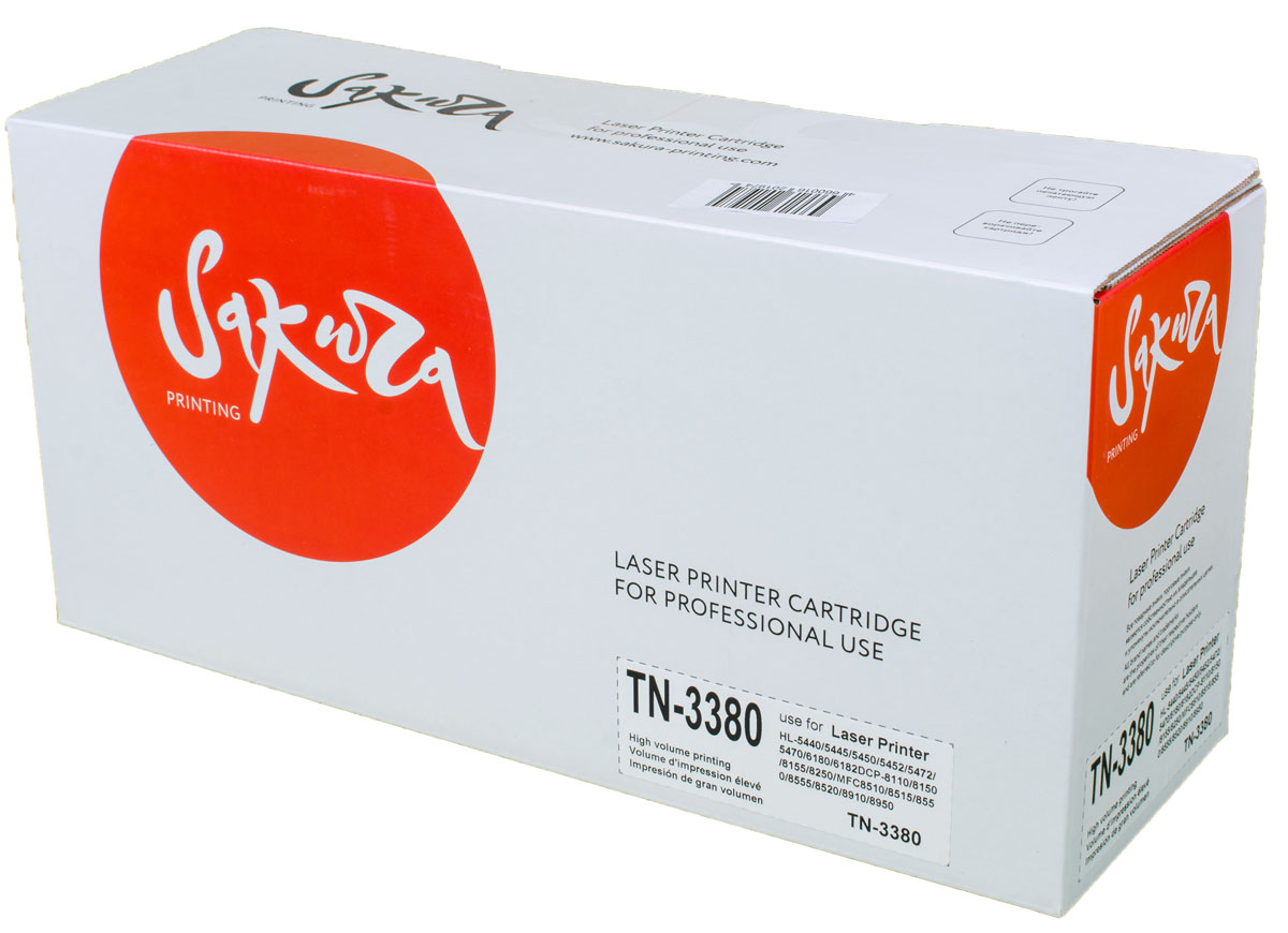 Sakura TN3380, Black тонер-картридж для Brother HL-5440/5450/5472/5470/6180/DCP-8110/8150/8250/MFC-8510/8550/8520/8910/8950SATN3380 Sakura TN3380, Black тонер-картридж для Brother HL-5440/5450/5472/5470/6180/DCP-8110/8150/8250/MFC-8510/8550/8520/8910/8950SATN3380Тонер-картридж Sakura TN3380 для лазерных принтеров Brother HL-5440/5450/5472/5470/6180/DCP-8110/8150/8250/MFC-8510/8550/8520/8910/8950 является альтернативным решением для замены оригинальных картриджей. Он печатает с тем же качеством и имеет тот же ресурс, что и оригинальный картридж. В картриджах компании Sakura используется химический синтезированный тонер, который в отличие от дешевого тонера из перемолотого полимера, не царапает, а смазывает печатающий вал, что приводит к возможности многократных перезаправок картриджей. Такой подход гарантирует долгий срок службы принтера, превосходное качество и стабильность печати. Тонер-картриджи Sakura производятся при строгом соответствии стандартам ISO 9001 и ISO 14001, что подтверждено международными сертификатами.