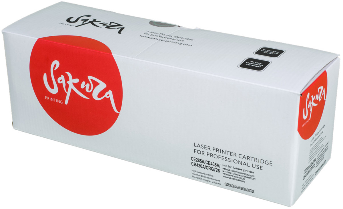 Sakura CE285A/CB435A тонер-картридж для HP LaserJet P1005/P1006/M1120/Canon LBP6000SACE285A/CB435A/436A/725 Sakura CE285A/CB435A тонер-картридж для HP LaserJet P1005/P1006/M1120/Canon LBP6000SACE285A/CB435A/436A/725Тонер-картридж Sakura CE285A/CB435A для лазерных принтеров HP LaserJet является альтернативным решением для замены оригинальных картриджей. Он печатает с тем же качеством и имеет тот же ресурс, что и оригинальный картридж. В картриджах компании Sakura используется химический синтезированный тонер, который в отличие от дешевого тонера из перемолотого полимера, не царапает, а смазывает печатающий вал, что приводит к возможности многократных перезаправок картриджей. Такой подход гарантирует долгий срок службы принтера, превосходное качество и стабильность печати. Тонер-картриджи Sakura производятся при строгом соответствии стандартам ISO 9001 и ISO 14001, что подтверждено международными сертификатами.