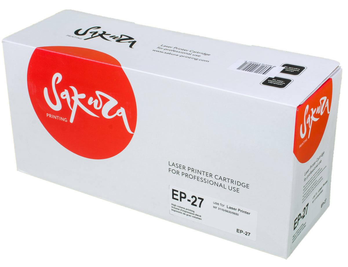 Sakura EP27, Black тонер-картридж для Canon LaserBase MF3110/MF5630/MF0SAEP27 Sakura EP27, Black тонер-картридж для Canon LaserBase MF3110/MF5630/MF0SAEP27Тонер-картридж Sakura EP27 для лазерных принтеров Canon LaserBase MF3110/MF5630/MF0 является альтернативным решением для замены оригинальных картриджей. Он печатает с тем же качеством и имеет тот же ресурс, что и оригинальный картридж. В картриджах компании Sakura используется химический синтезированный тонер, который в отличие от дешевого тонера из перемолотого полимера, не царапает, а смазывает печатающий вал, что приводит к возможности многократных перезаправок картриджей. Такой подход гарантирует долгий срок службы принтера, превосходное качество и стабильность печати. Тонер-картриджи Sakura производятся при строгом соответствии стандартам ISO 9001 и ISO 14001, что подтверждено международными сертификатами.