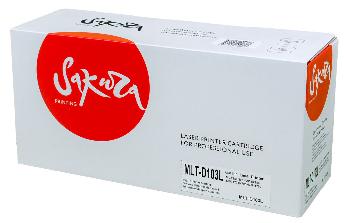 Sakura MLT-D103L, Black тонер-картридж для Samsung ML2950/2951/2955/2956/SCX4701/4705/4728/4729SAMLTD103L Sakura MLT-D103L, Black тонер-картридж для Samsung ML2950/2951/2955/2956/SCX4701/4705/4728/4729SAMLTD103LТонер-картридж Sakura MLT-D103L для лазерных принтеров Samsung ML2950/2951/2955/2956/SCX4701/4705/4728/4729 является альтернативным решением для замены оригинальных картриджей. Он печатает с тем же качеством и имеет тот же ресурс, что и оригинальный картридж. В картриджах компании Sakura используется химический синтезированный тонер, который в отличие от дешевого тонера из перемолотого полимера, не царапает, а смазывает печатающий вал, что приводит к возможности многократных перезаправок картриджей. Такой подход гарантирует долгий срок службы принтера, превосходное качество и стабильность печати. Тонер-картриджи Sakura производятся при строгом соответствии стандартам ISO 9001 и ISO 14001, что подтверждено международными сертификатами.