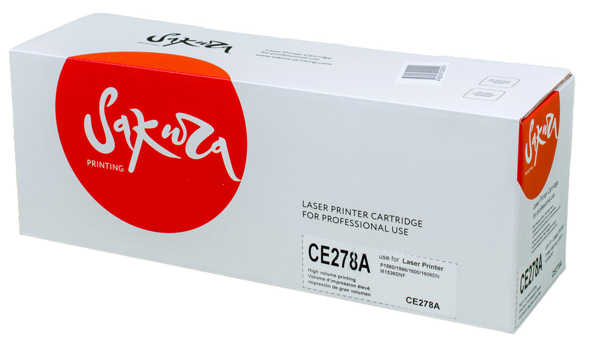 Sakura CE278A, Black тонер-картридж для HP laser Pro P1560/1636/1566/1600/1606SACE278A Sakura CE278A, Black тонер-картридж для HP laser Pro P1560/1636/1566/1600/1606SACE278AТонер-картридж Sakura CE278A для лазерных принтеров HP laser Pro P1560/1636/1566/1600/1606 является альтернативным решением для замены оригинальных картриджей. Он печатает с тем же качеством и имеет тот же ресурс, что и оригинальный картридж. В картриджах компании Sakura используется химический синтезированный тонер, который в отличие от дешевого тонера из перемолотого полимера, не царапает, а смазывает печатающий вал, что приводит к возможности многократных перезаправок картриджей. Такой подход гарантирует долгий срок службы принтера, превосходное качество и стабильность печати. Тонер-картриджи Sakura производятся при строгом соответствии стандартам ISO 9001 и ISO 14001, что подтверждено международными сертификатами.