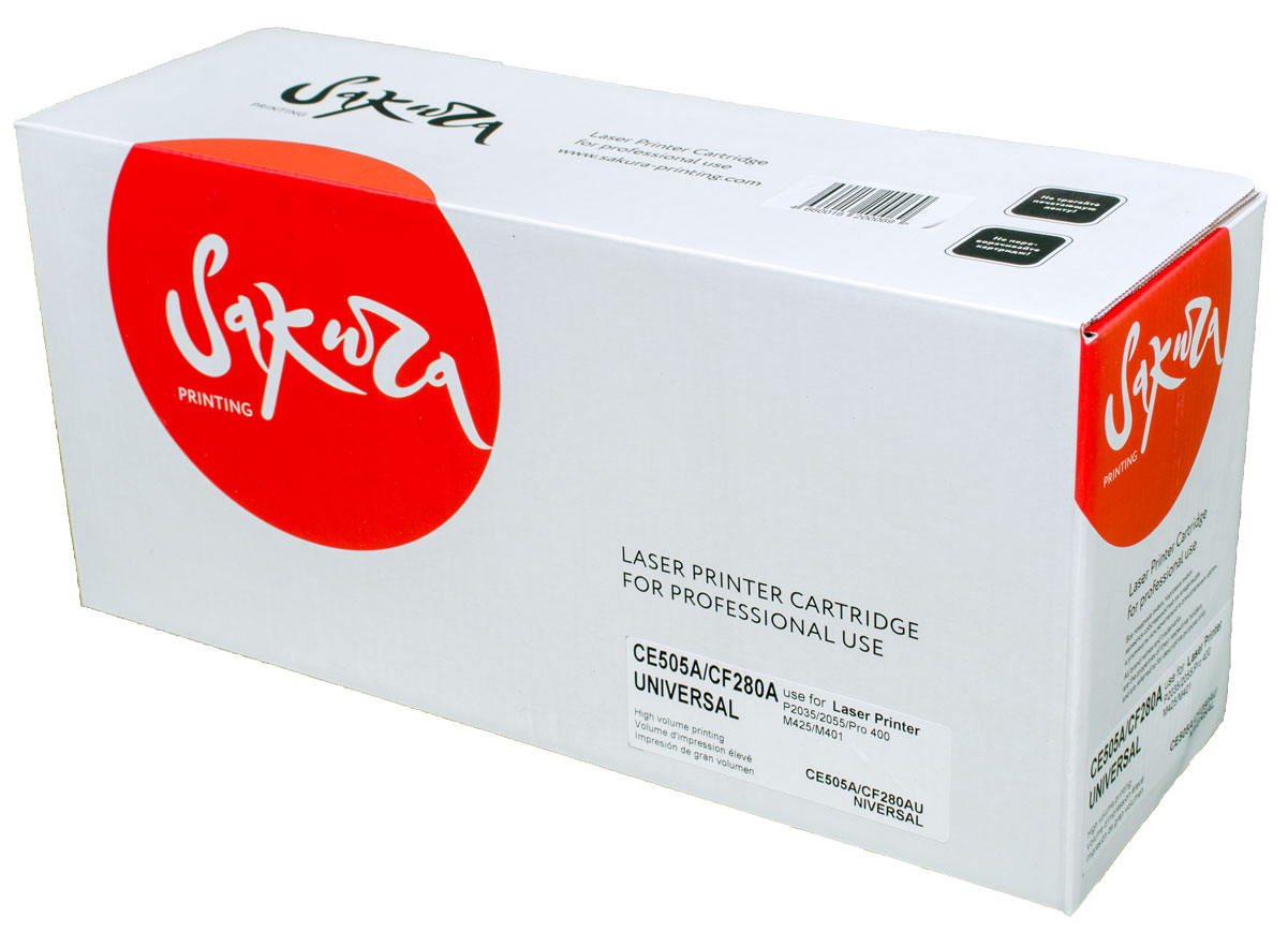 Sakura CE505A/CF280A, Black тонер-картридж для HP LaserJet P2035/2055/Pro 400 M425/M401SACE505A/CF280A Sakura CE505A/CF280A, Black тонер-картридж для HP LaserJet P2035/2055/Pro 400 M425/M401SACE505A/CF280AТонер-картридж Sakura CE505A/CF280A для лазерных принтеров HP LaserJet P2035/2055/Pro 400 M425/M401 является альтернативным решением для замены оригинальных картриджей. Он печатает с тем же качеством и имеет тот же ресурс, что и оригинальный картридж. В картриджах компании Sakura используется химический синтезированный тонер, который в отличие от дешевого тонера из перемолотого полимера, не царапает, а смазывает печатающий вал, что приводит к возможности многократных перезаправок картриджей. Такой подход гарантирует долгий срок службы принтера, превосходное качество и стабильность печати. Тонер-картриджи Sakura производятся при строгом соответствии стандартам ISO 9001 и ISO 14001, что подтверждено международными сертификатами.