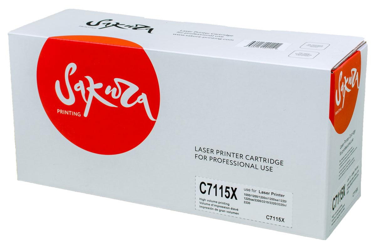 Sakura С7115X, Black тонер-картридж для HP LaserJet 1000/1200/1200n/1200se/1220/1220se/3300/3310/3320/3320n/3330SAC7115X Sakura С7115X, Black тонер-картридж для HP LaserJet 1000/1200/1200n/1200se/1220/1220se/3300/3310/3320/3320n/3330SAC7115XТонер-картридж Sakura С7115X для лазерных принтеров HP LaserJet 1000/1200/1200n/1200se/1220/1220se/3300/3310/3320/3320n/3330 является альтернативным решением для замены оригинальных картриджей. Он печатает с тем же качеством и имеет тот же ресурс, что и оригинальный картридж. В картриджах компании Sakura используется химический синтезированный тонер, который в отличие от дешевого тонера из перемолотого полимера, не царапает, а смазывает печатающий вал, что приводит к возможности многократных перезаправок картриджей. Такой подход гарантирует долгий срок службы принтера, превосходное качество и стабильность печати. Тонер-картриджи Sakura производятся при строгом соответствии стандартам ISO 9001 и ISO 14001, что подтверждено международными сертификатами.