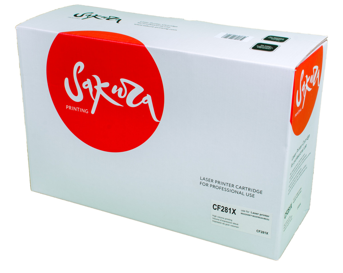 Sakura CF281X, Black тонер-картридж для HP LaserJet Enterprise M630dn/M630f/M630h/M630zSACF281X Sakura CF281X, Black тонер-картридж для HP LaserJet Enterprise M630dn/M630f/M630h/M630zSACF281XТонер-картридж Sakura CF281X для лазерных принтеров HP LaserJet Enterprise M630dn/M630f/M630h/M630z является альтернативным решением для замены оригинальных картриджей. Он печатает с тем же качеством и имеет тот же ресурс, что и оригинальный картридж. В картриджах компании Sakura используется химический синтезированный тонер, который в отличие от дешевого тонера из перемолотого полимера, не царапает, а смазывает печатающий вал, что приводит к возможности многократных перезаправок картриджей. Такой подход гарантирует долгий срок службы принтера, превосходное качество и стабильность печати. Тонер-картриджи Sakura производятся при строгом соответствии стандартам ISO 9001 и ISO 14001, что подтверждено международными сертификатами.