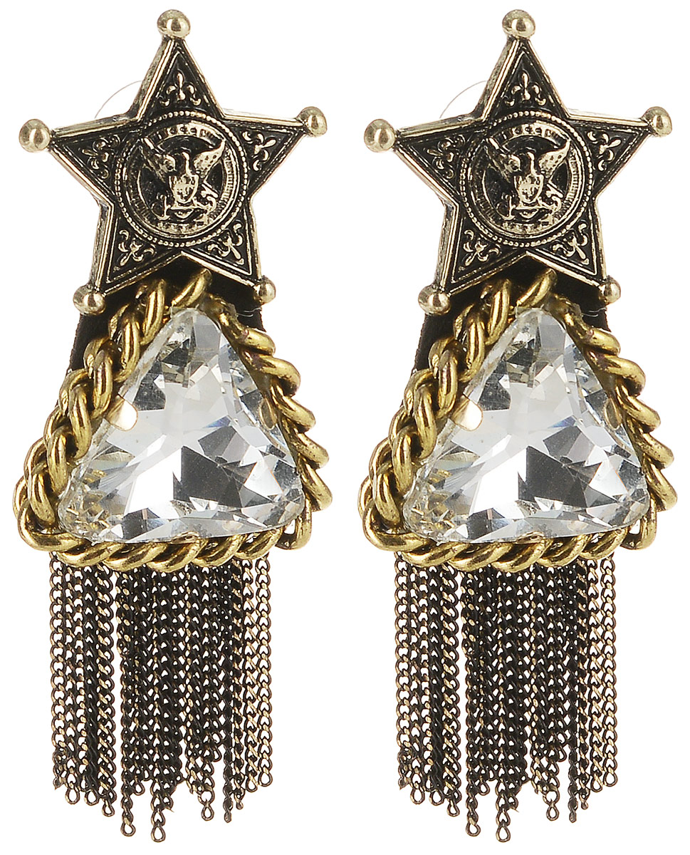 Серьги Taya, цвет: золотистый, белый. T-B-10090T-B-10090-EARR-GL.WHITE Серьги Taya, цвет: золотистый, белый. T-B-10090T-B-10090-EARR-GL.WHITEСерьги-гвоздики с силиконовой заглушкой. Украшение сделано в черненом золоте. Оно состоит из трех частей, которые плотно соединены между собой. Сверху расположена звезда с изображением орла, символа победы и величия, в центре - кристалл, обрамленный цепочкой, а низ дополнен стильными цепочками.