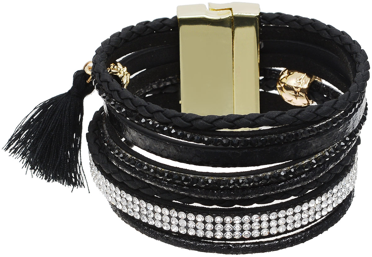 Браслет Taya, цвет: золотистый, черный. T-B-12647T-B-12647-BRAC-GL.BLACK Браслет Taya, цвет: золотистый, черный. T-B-12647T-B-12647-BRAC-GL.BLACKОригинальный браслет Taya выполнен из бижутерного сплава и искусственной кожи. Композиция состоит из блестящих страз, цепочек и плетеных косичек. Застегивается браслет на широкий магнитный замок.