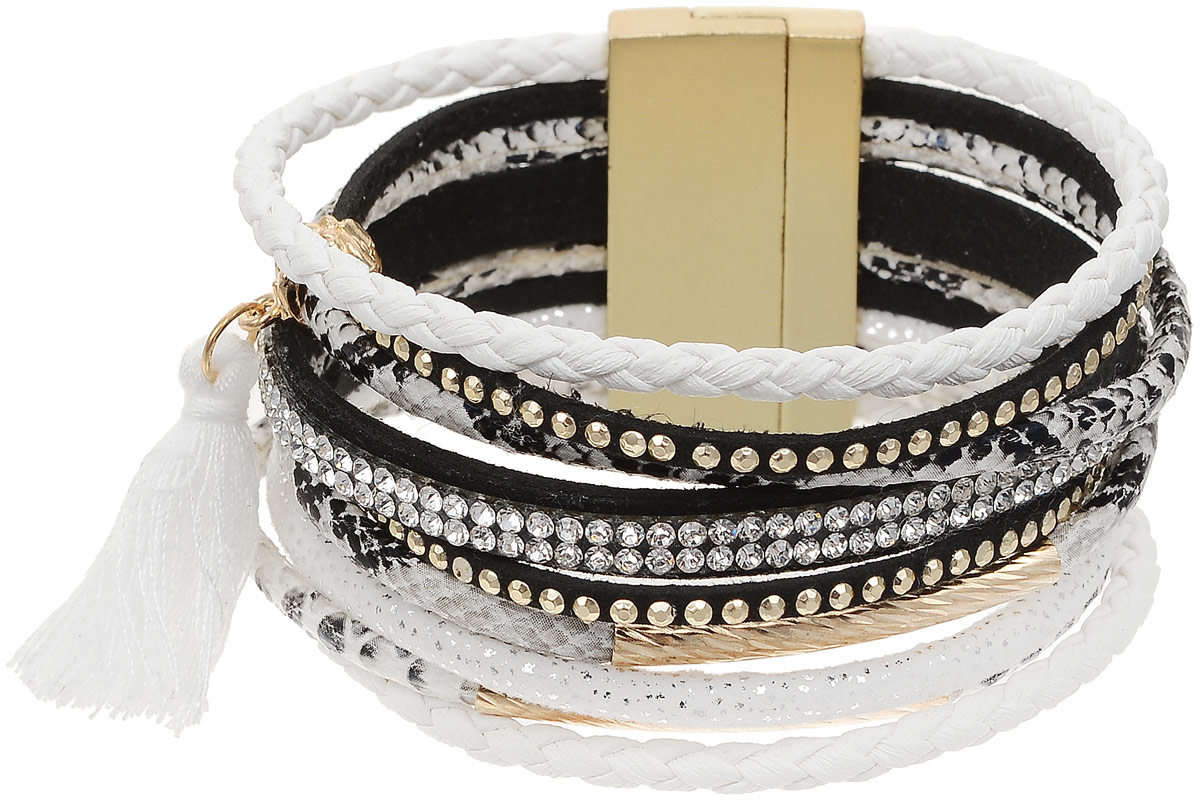 Браслет Taya, цвет: золотистый, белый. T-B-12638T-B-12638-BRAC-GL.WHITE Браслет Taya, цвет: золотистый, белый. T-B-12638T-B-12638-BRAC-GL.WHITEНаборный браслет Taya из кожаных полосок разной выделки и ширины. Некоторые полоски оформлены сверкающими стразами, другие заплетены в косички, некоторые сделаны из кожи под рептилию. Середина браслета дополнена текстильной кисточкой, которая крепиться на металлическую подвеску. Изделие соединяется с помощью широкого магнитного замка.