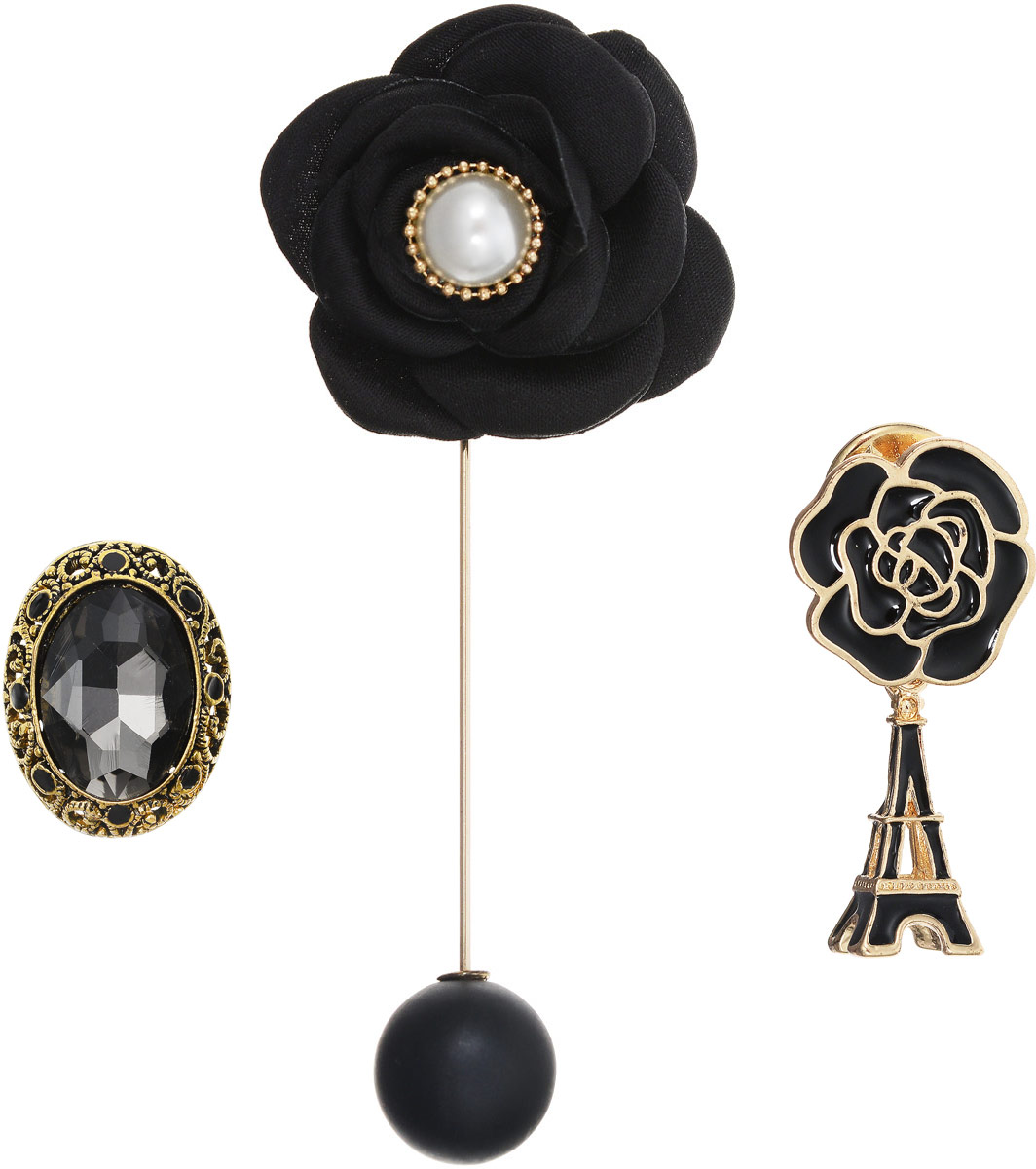 Брошь Taya, цвет: золотистый, 3 шт. T-B-12555T-B-12555-BROOCH-GOLD Брошь Taya, цвет: золотистый, 3 шт. T-B-12555T-B-12555-BROOCH-GOLDИзысканный набор Taya из трех брошей: брошь-булавка, в которой снимается черная матовая жемчужина-шар; брошь-значок в виде черно-золотой розы и подвеской Эйфелевой башней; брошь-значок с графитовым кристаллом в богатой рамке цвета черненого золота.